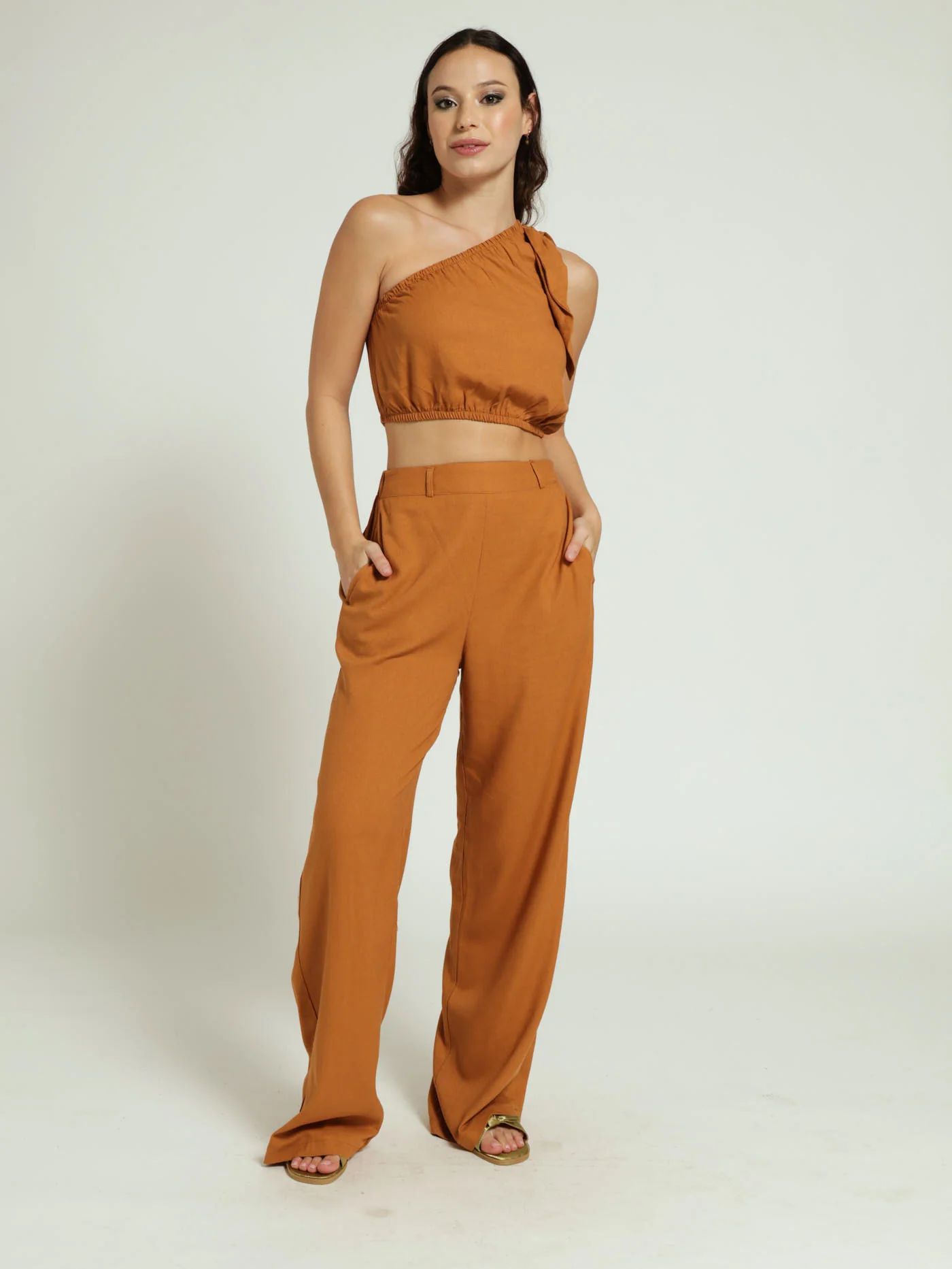 Linen Wideleg Pants - Caramel - Image 4
