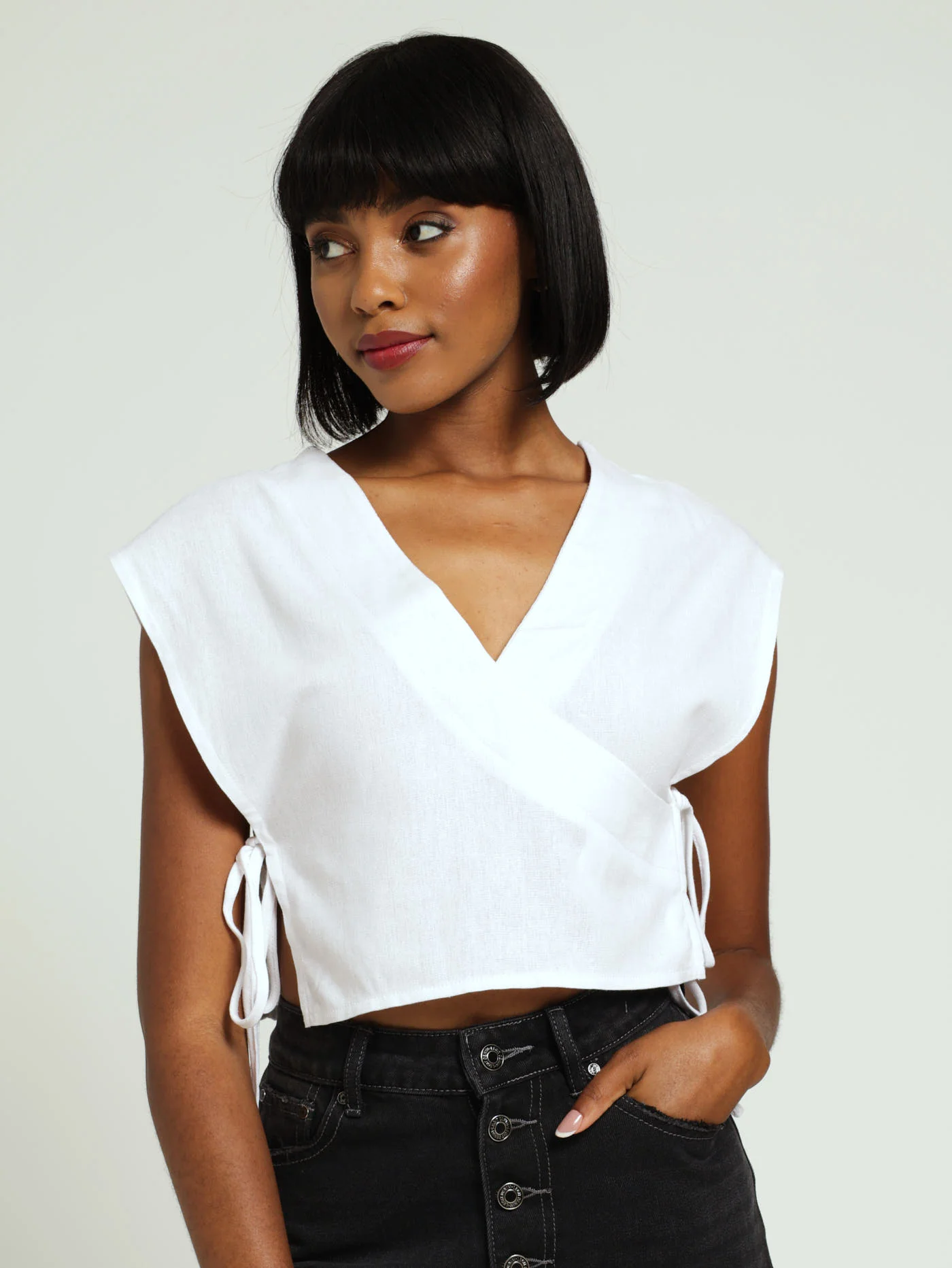 Linen Woven Crossover Top With Side Ties - White