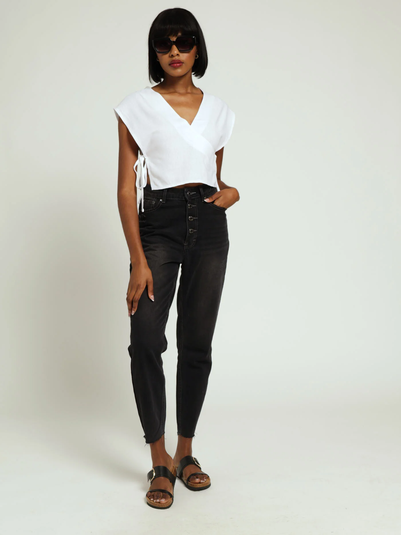 Linen Woven Crossover Top With Side Ties - White - Image 5