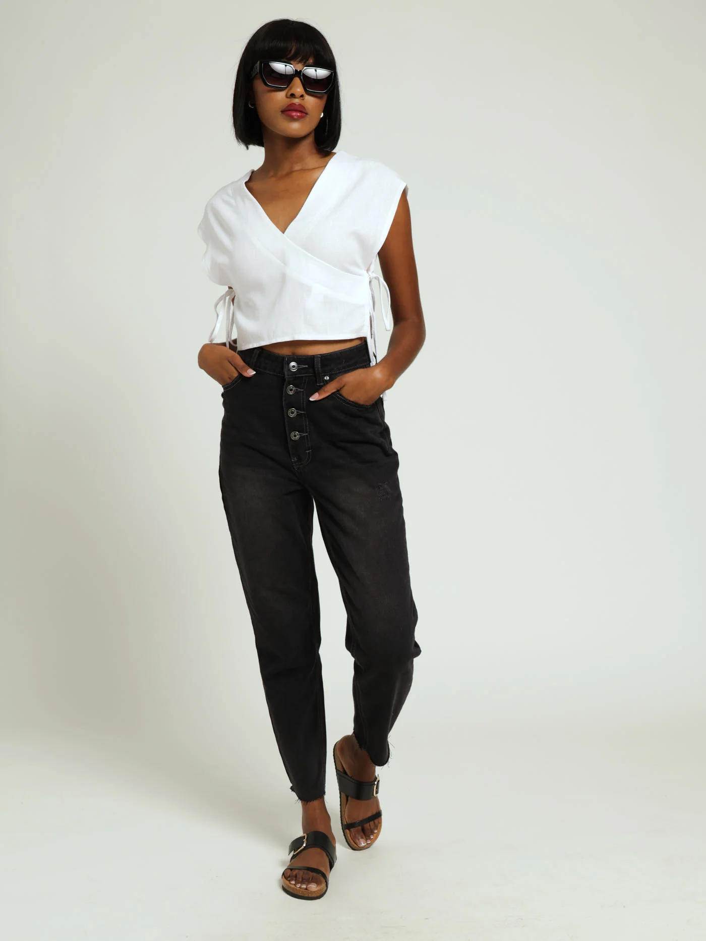 Linen Woven Crossover Top With Side Ties - White - Image 6