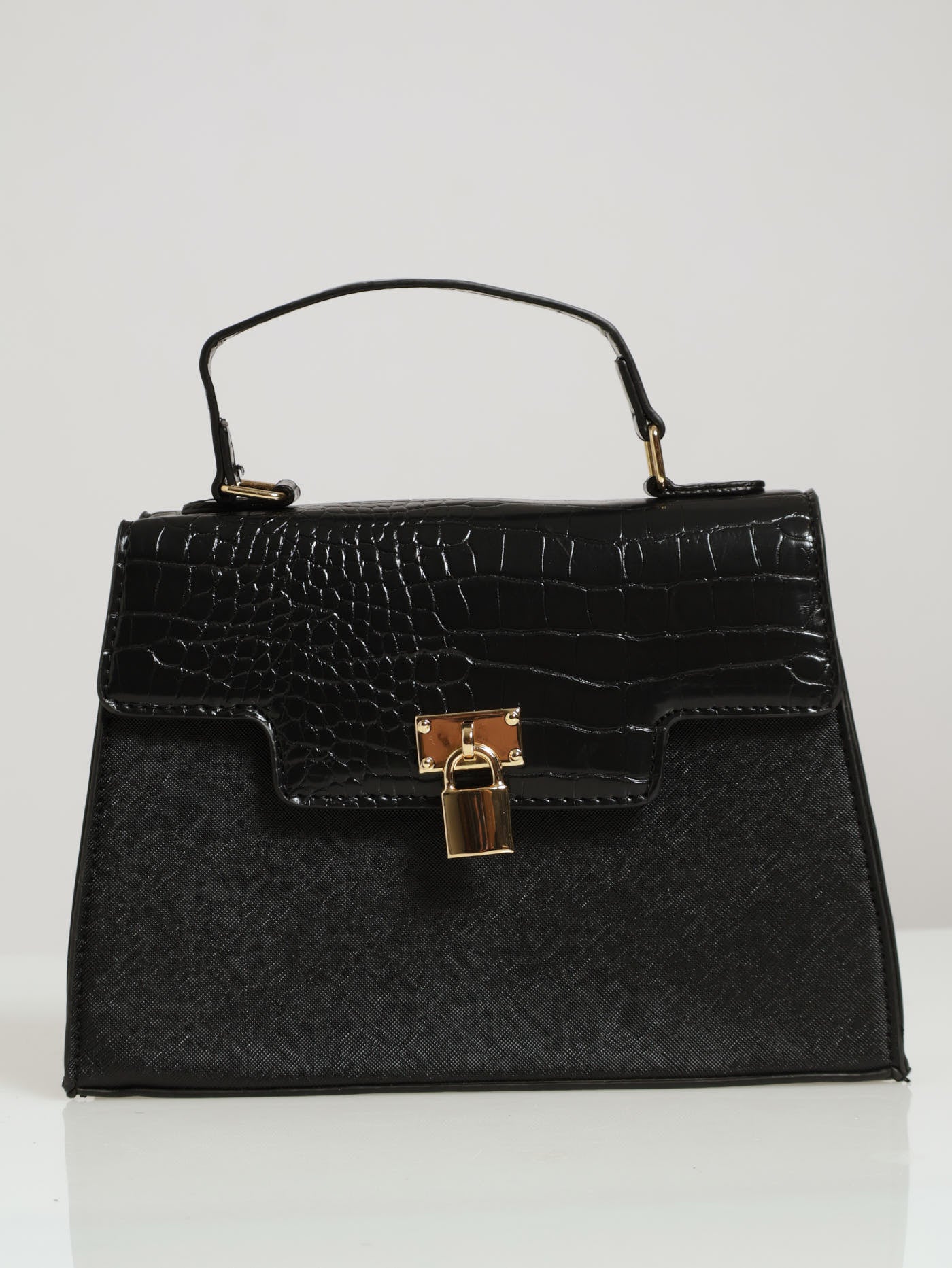 Lock Front Croc Satchel Bag - Black