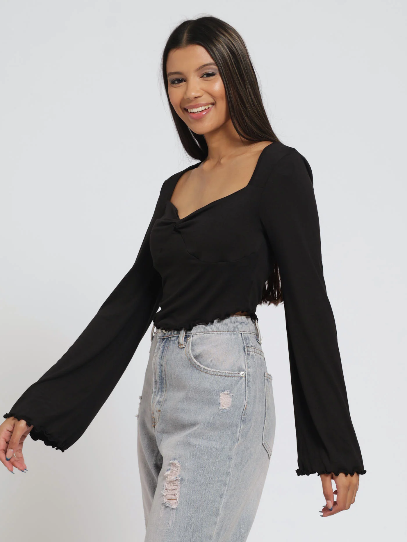 Long Flared Sleeve Hanky Hem Top - Black - Image 2