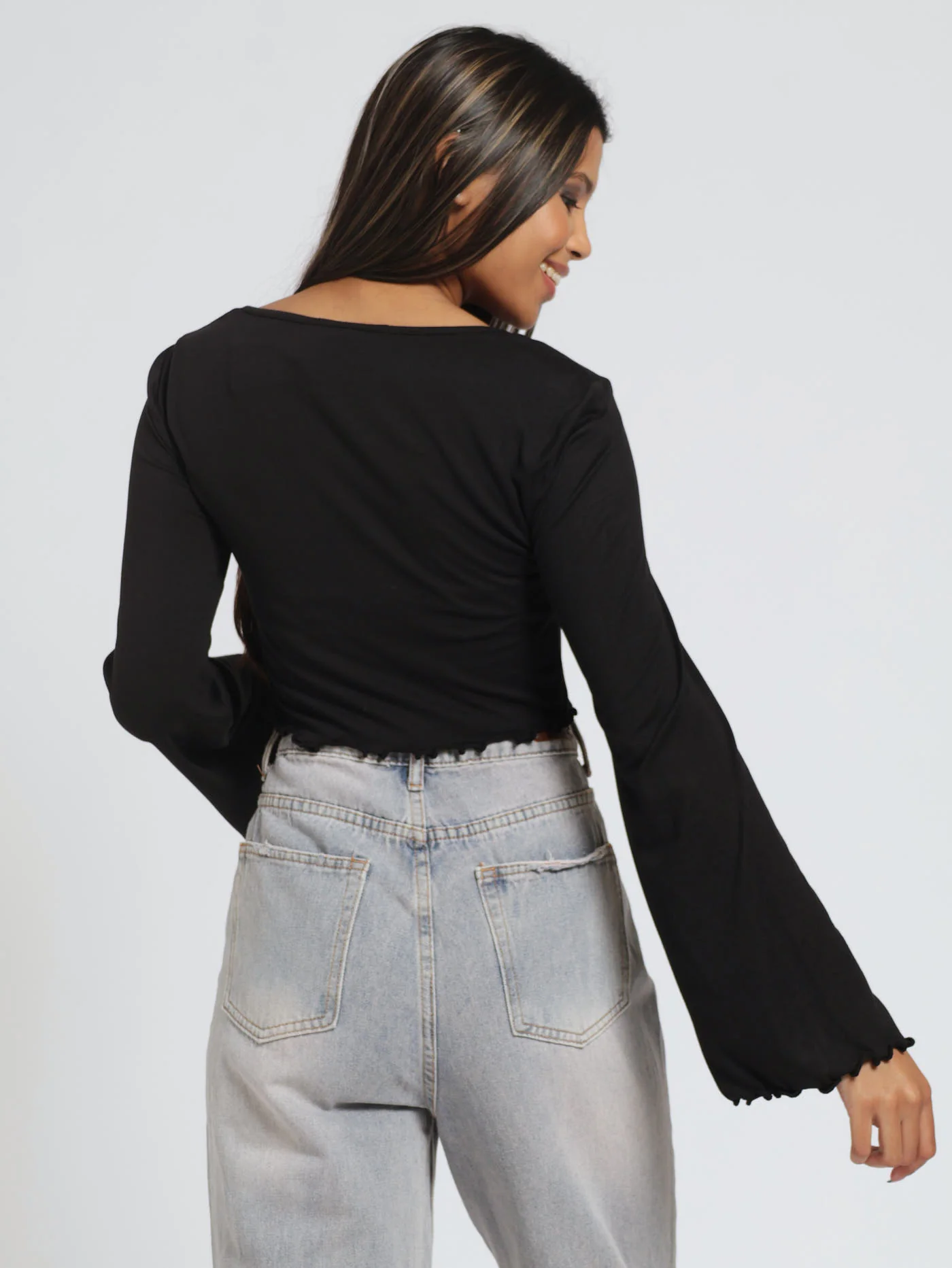 Long Flared Sleeve Hanky Hem Top - Black - Image 3