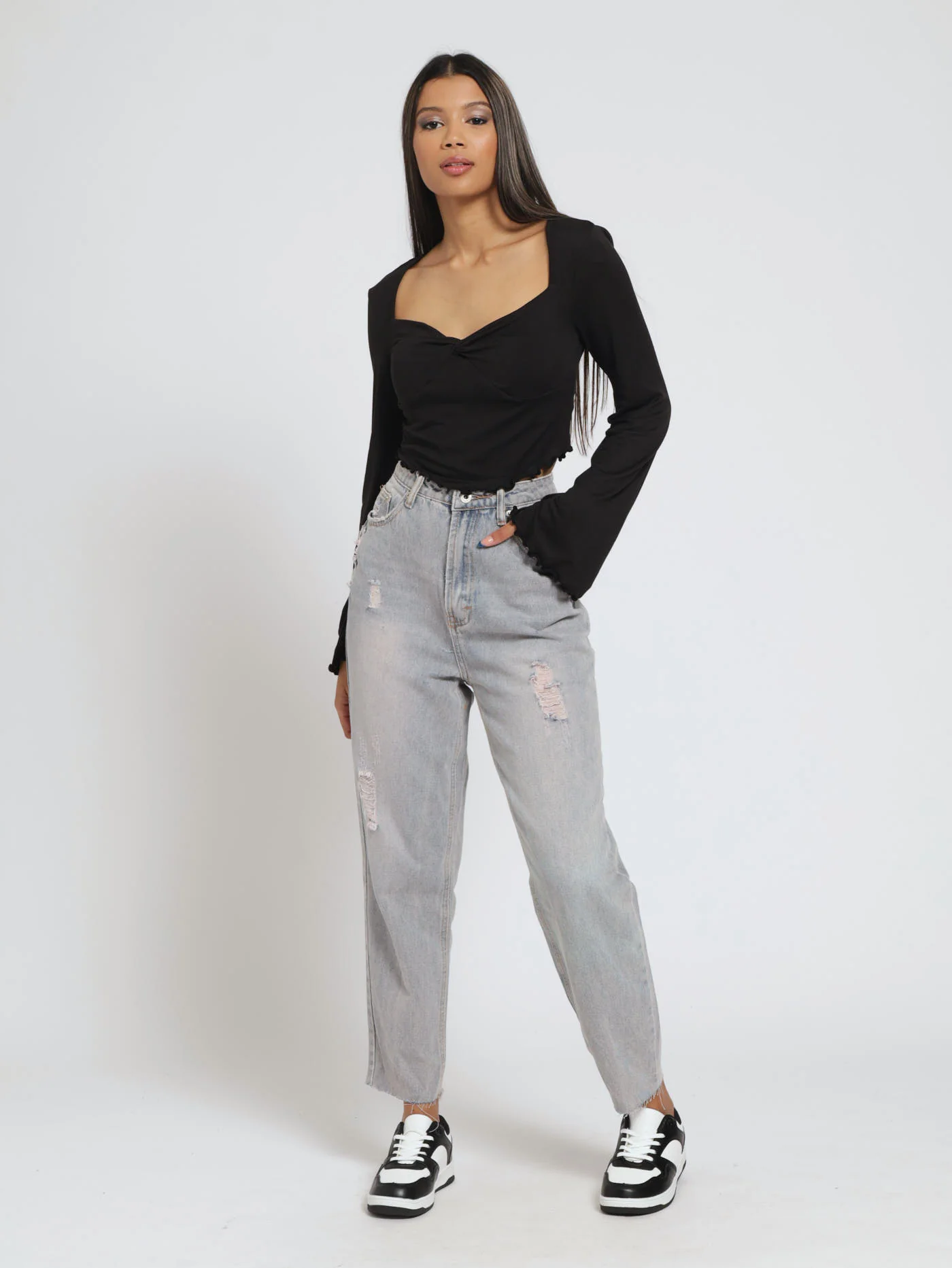 Long Flared Sleeve Hanky Hem Top - Black - Image 4