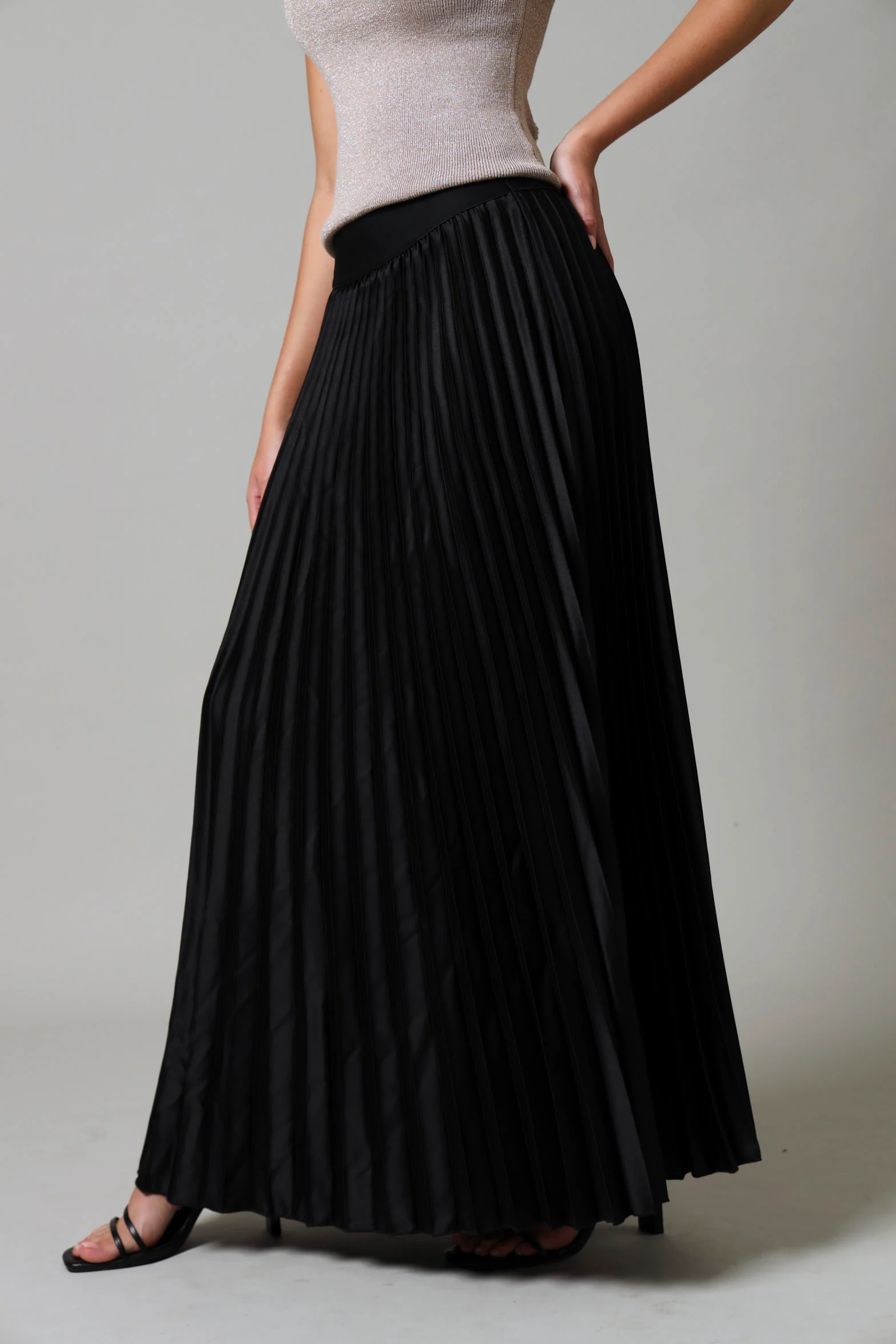 Long Lengh Elasticated Pleated Skirt - Black - Image 2