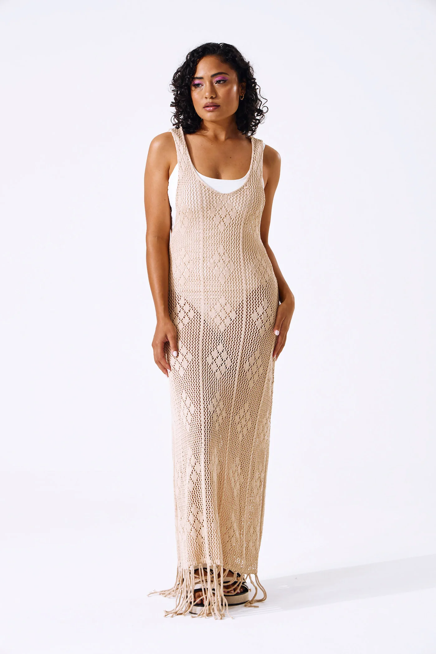 Long Length Crochet Coverup Dress With Tassels - Stone