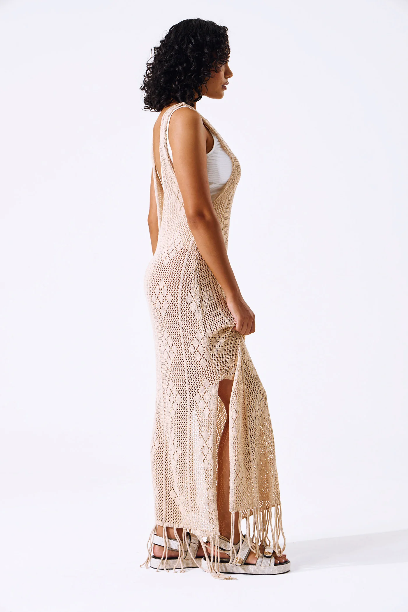 Long Length Crochet Coverup Dress With Tassels - Stone - Image 2