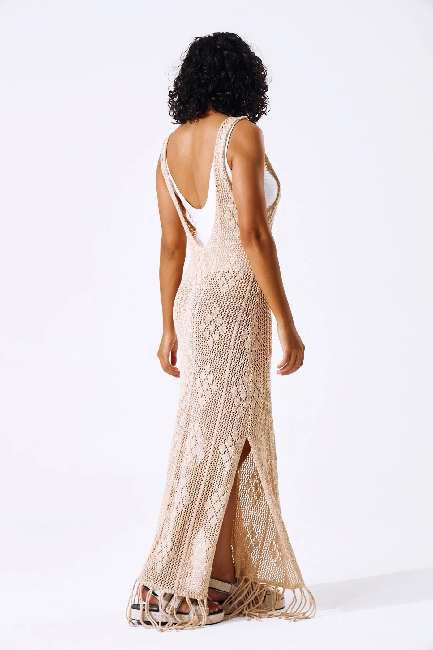 Long Length Crochet Coverup Dress With Tassels - Stone - Image 3