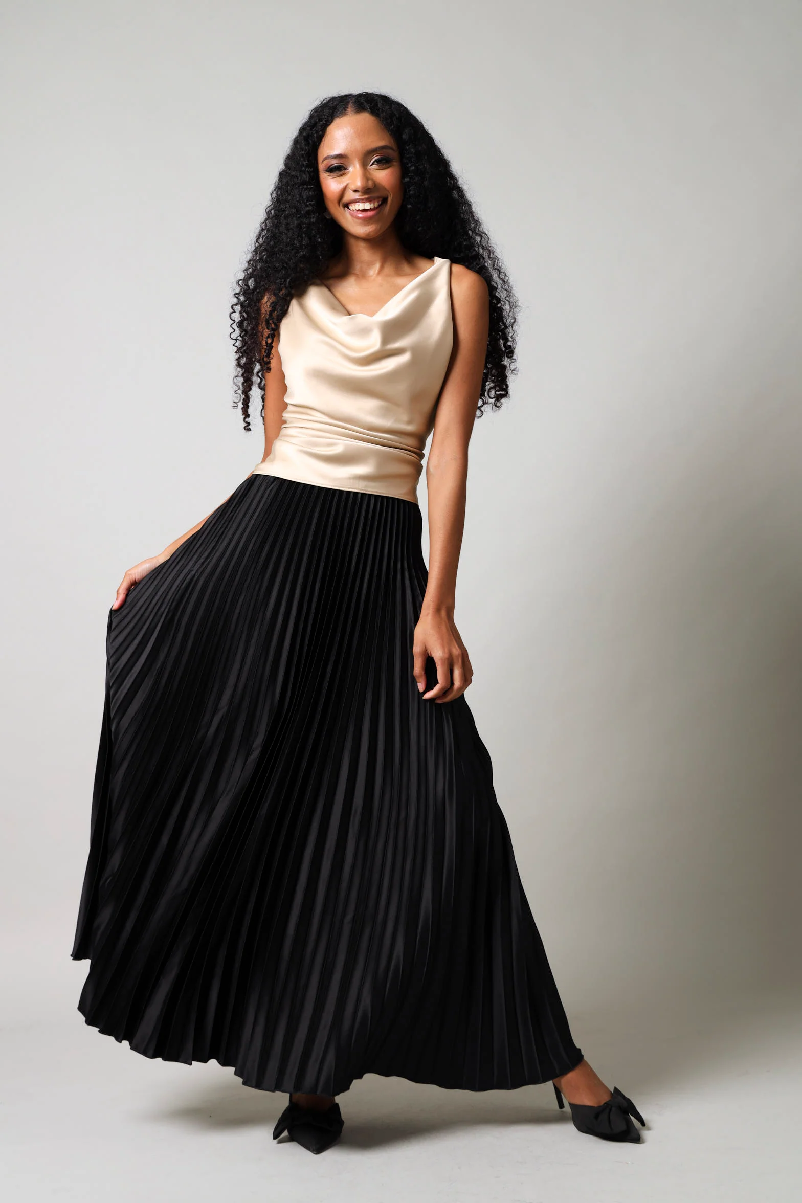 Long Length Elasticated Pleated Skirt - Black - Image 2