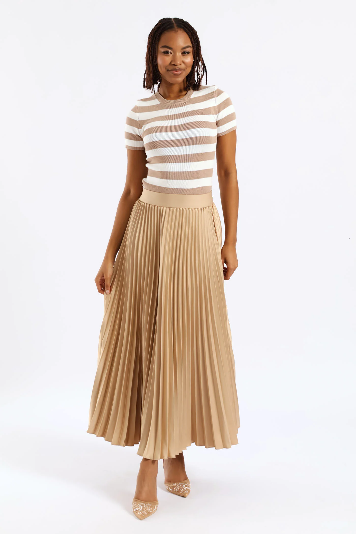 Long Length Elasticated Pleated Skirt - Nude - Image 5