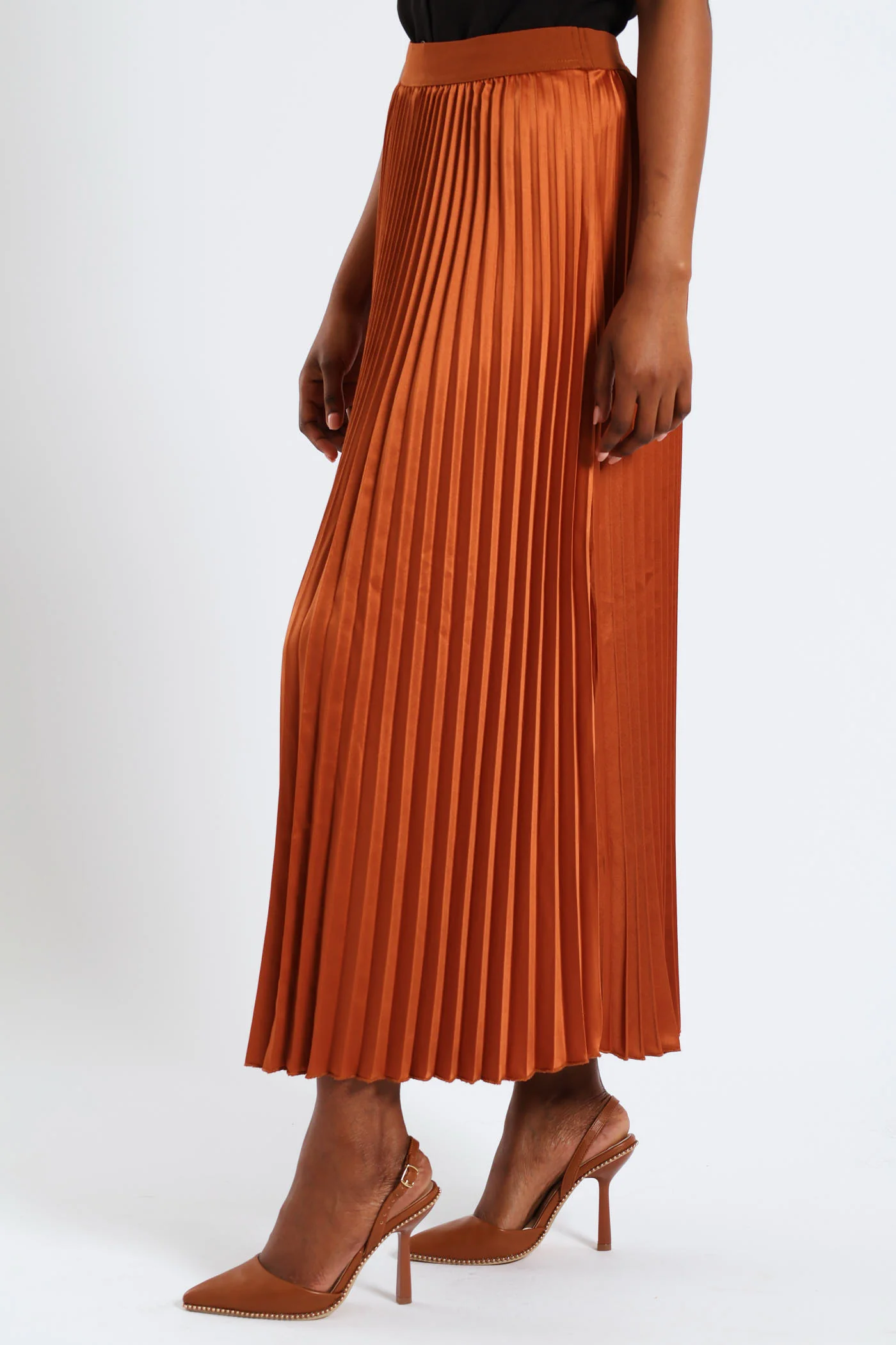 Long Length Elasticated Pleated Skirt - Rust - Image 2