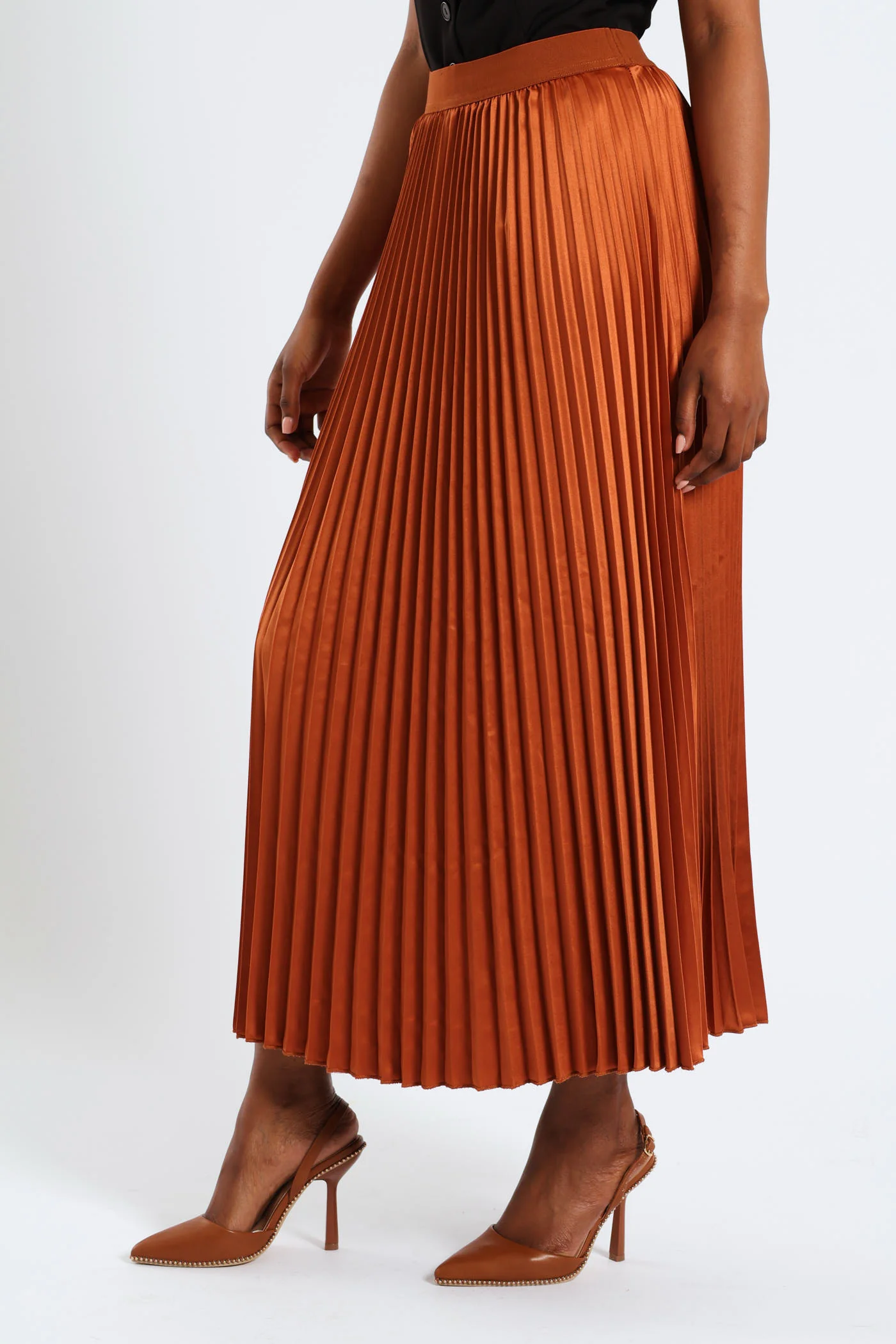 Long Length Elasticated Pleated Skirt - Rust - Image 3