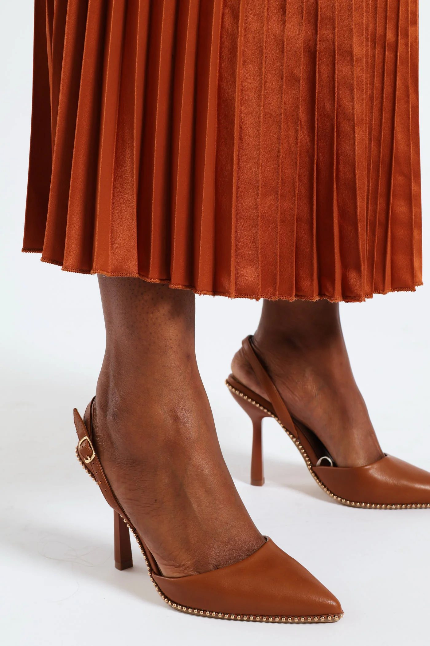 Long Length Elasticated Pleated Skirt - Rust - Image 5