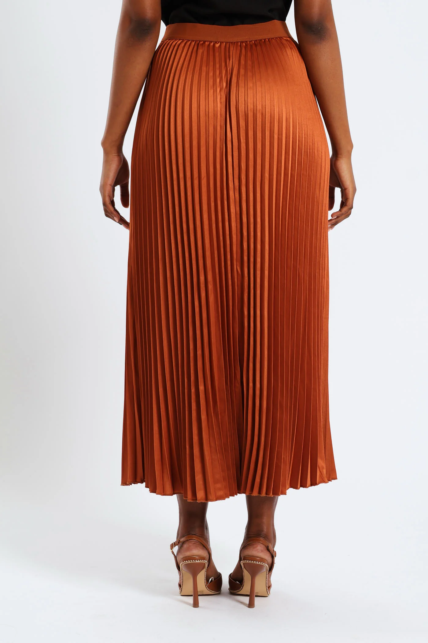 Long Length Elasticated Pleated Skirt - Rust - Image 6
