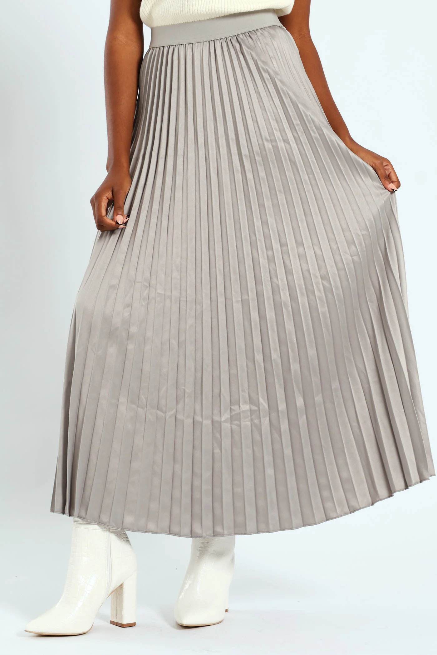 Long Length Elasticated Pleated Skirt - Silver