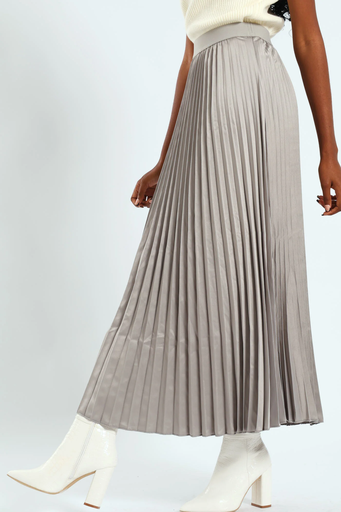 Long Length Elasticated Pleated Skirt - Silver - Image 3