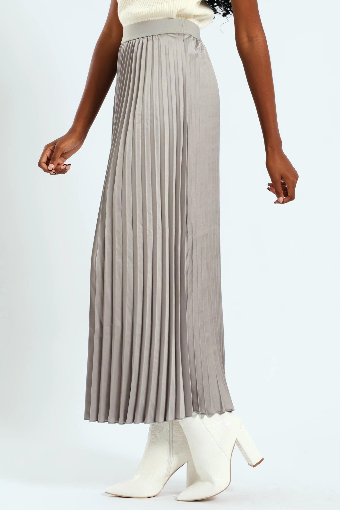 Long Length Elasticated Pleated Skirt - Silver - Image 4