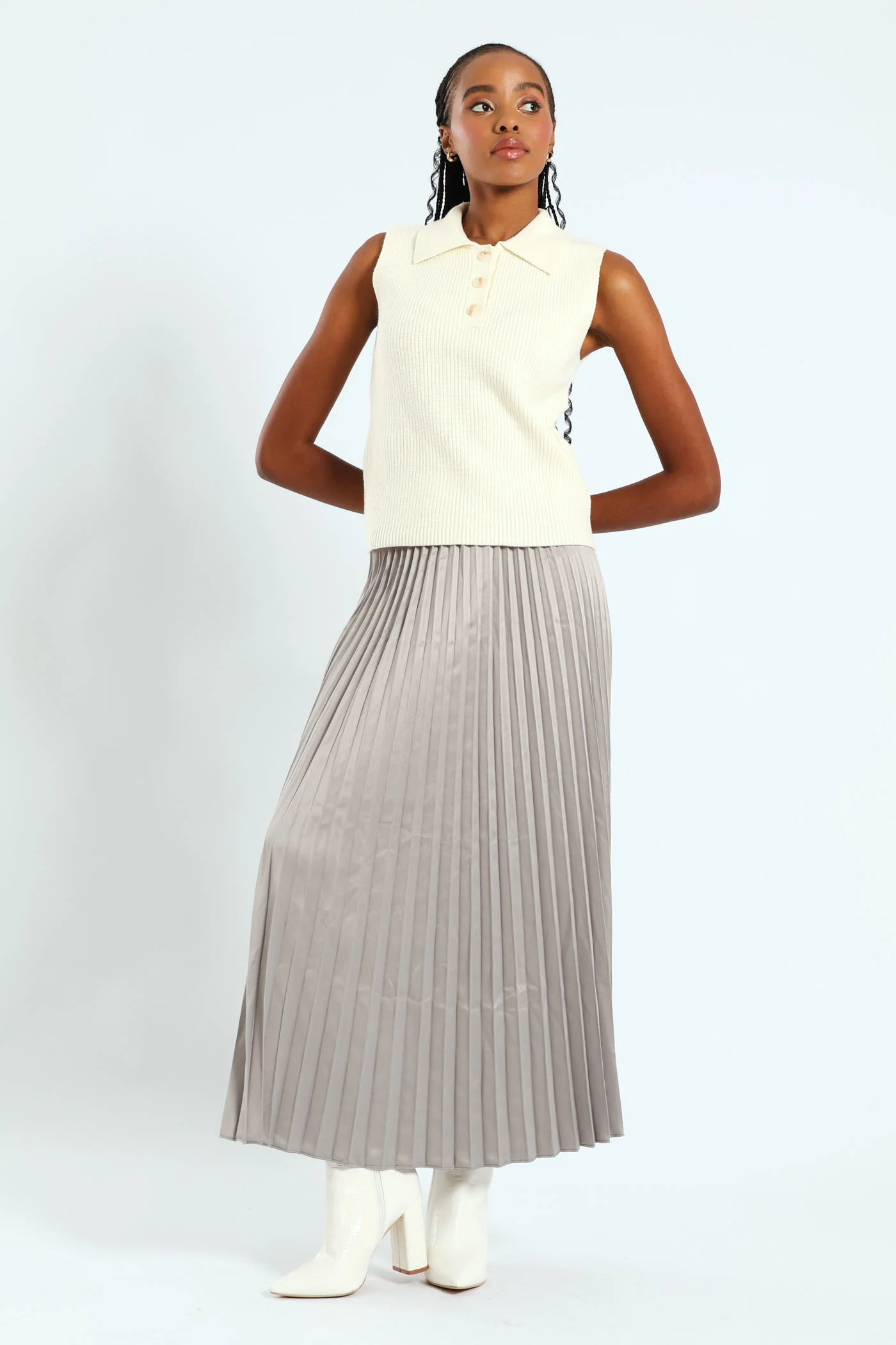 Long Length Elasticated Pleated Skirt - Silver - Image 7