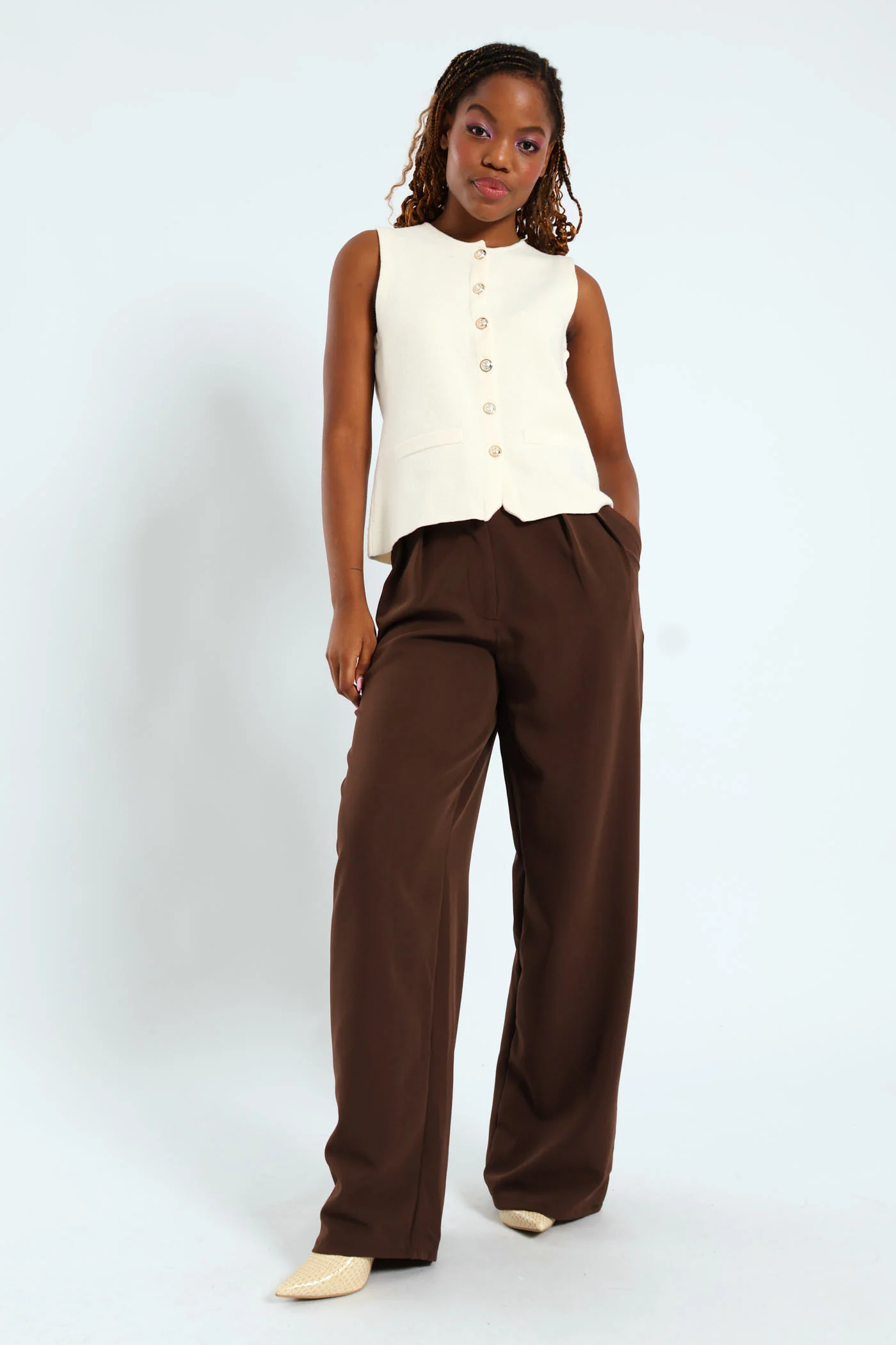 Long Length Fancy Button Waistcoat - Cream - Image 2