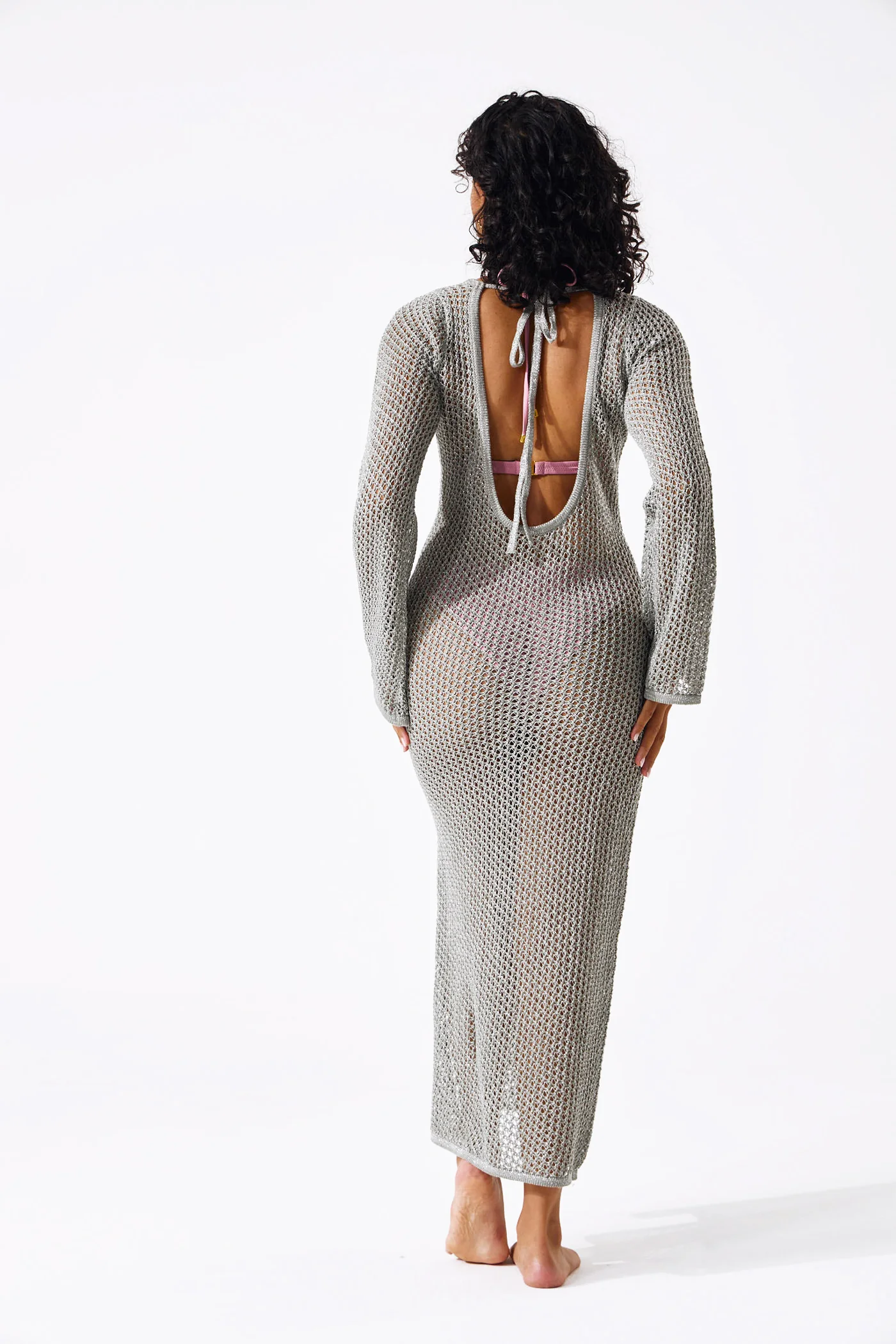 Long Length Lurex Crochet Coverup Dress  - Sage - Image 4