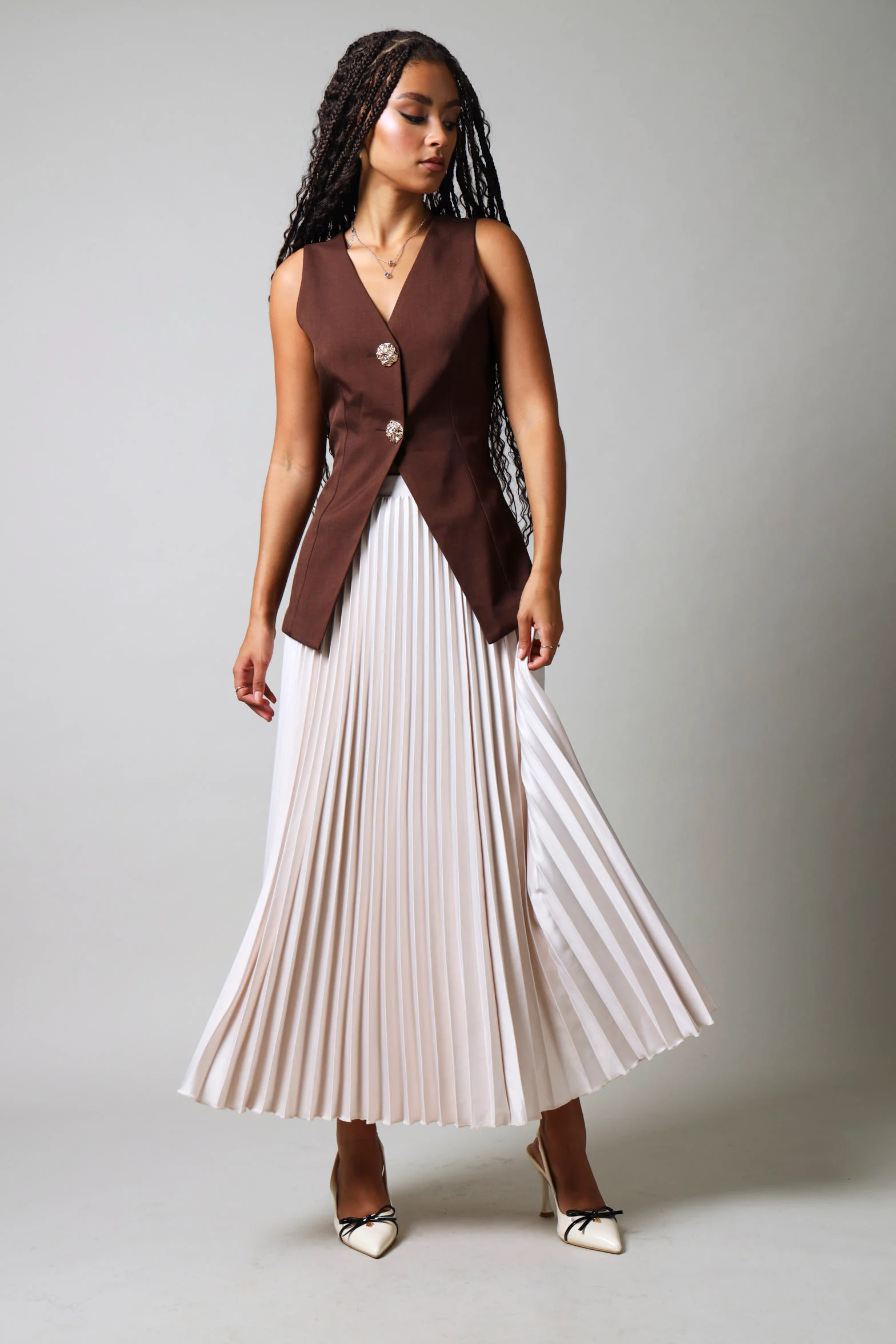 Long Length Pleated Skirt - Champagne - Image 7