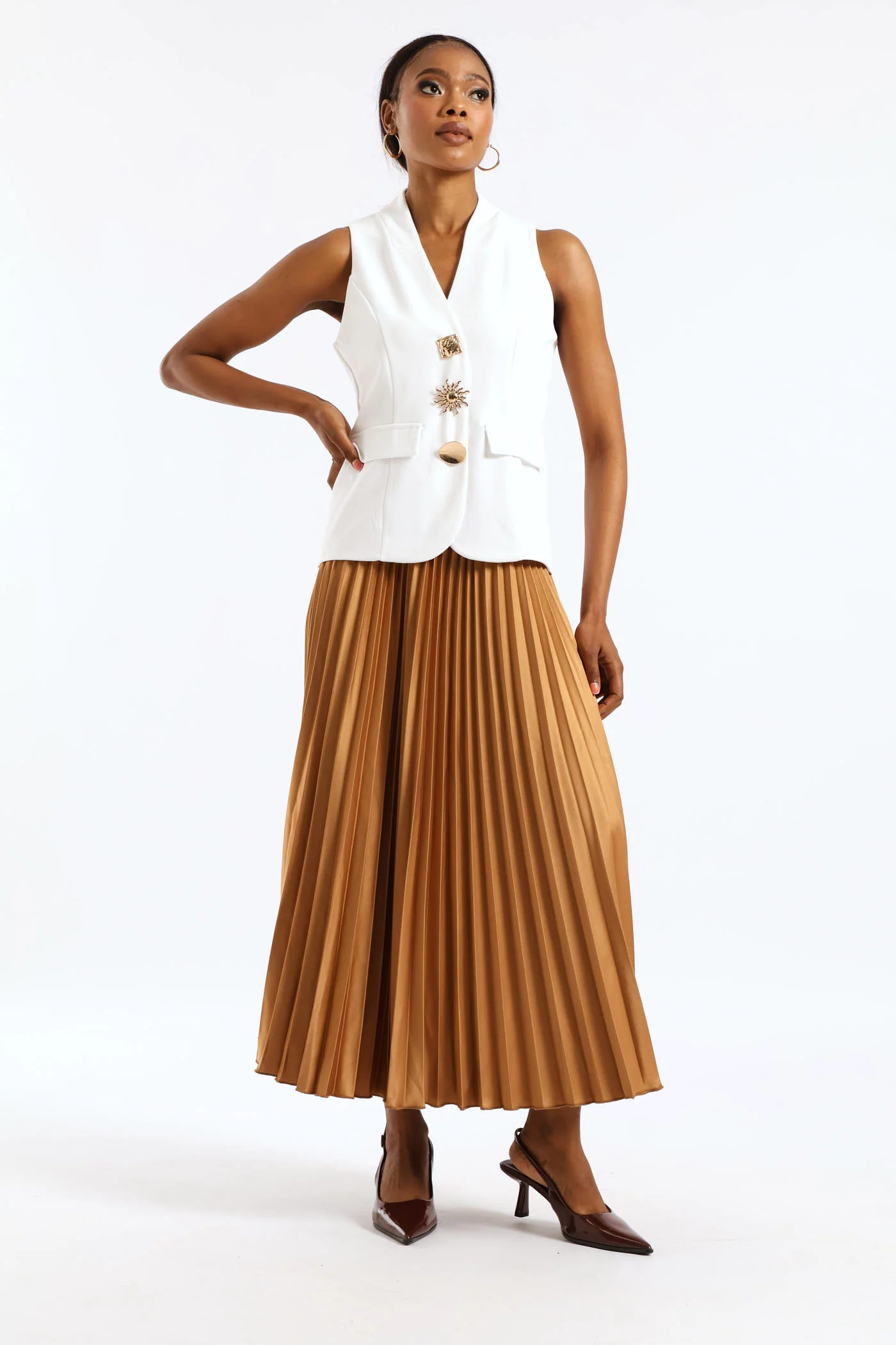 Long Length Pleated Skirt - Tan - Image 2