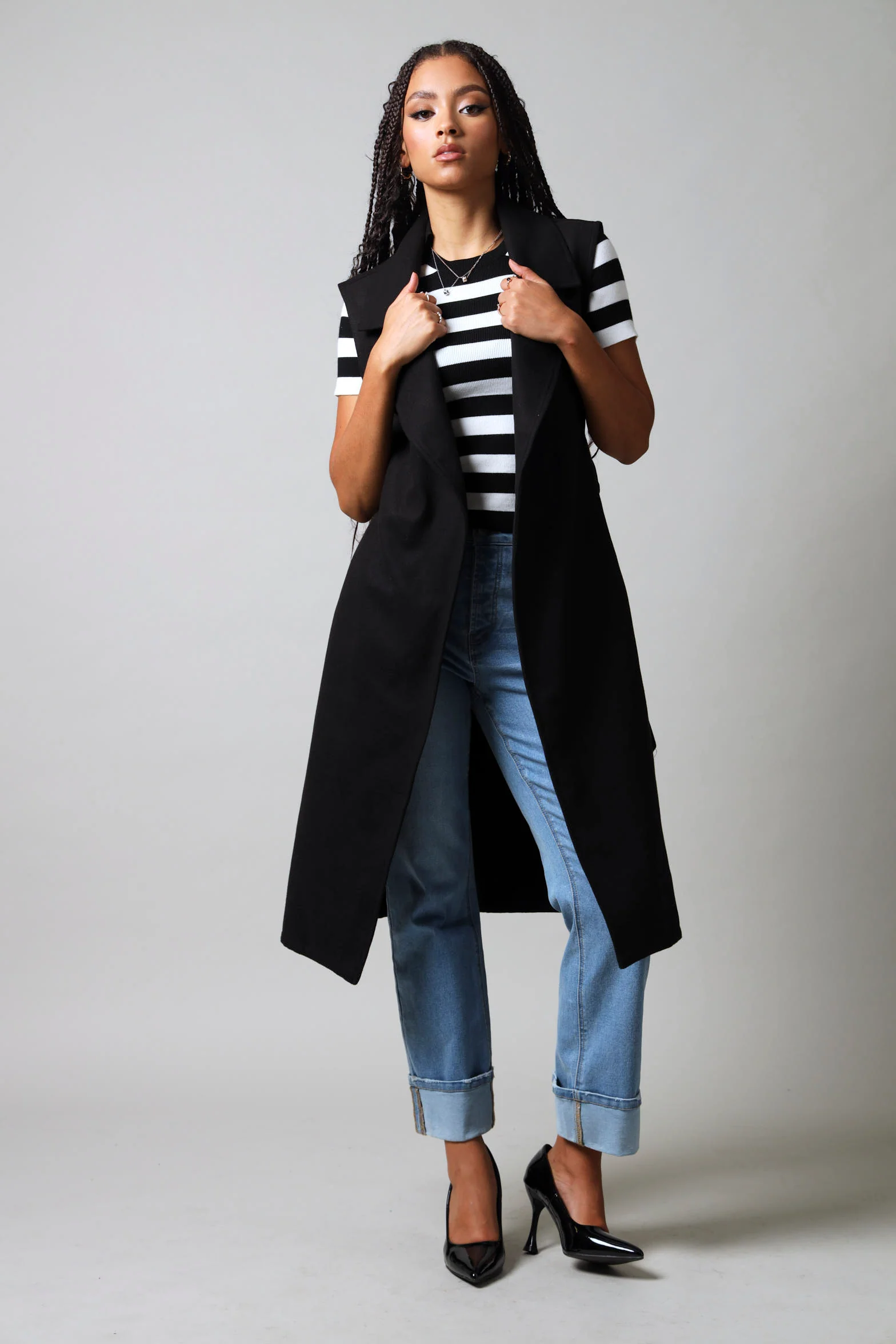 Long Length Sleeveless Melton Coat - Black