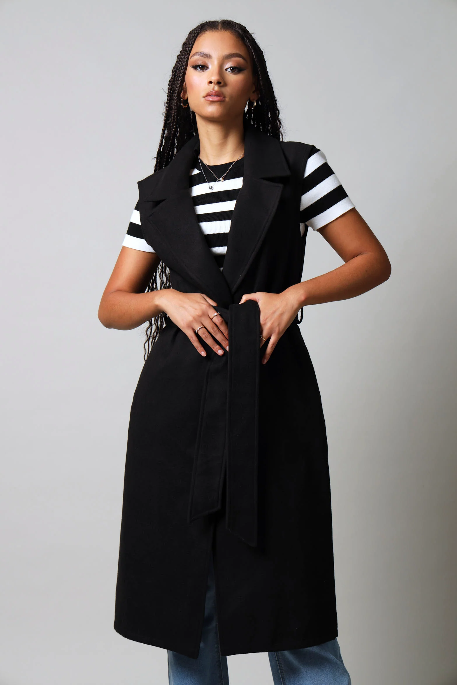 Long Length Sleeveless Melton Coat - Black - Image 2