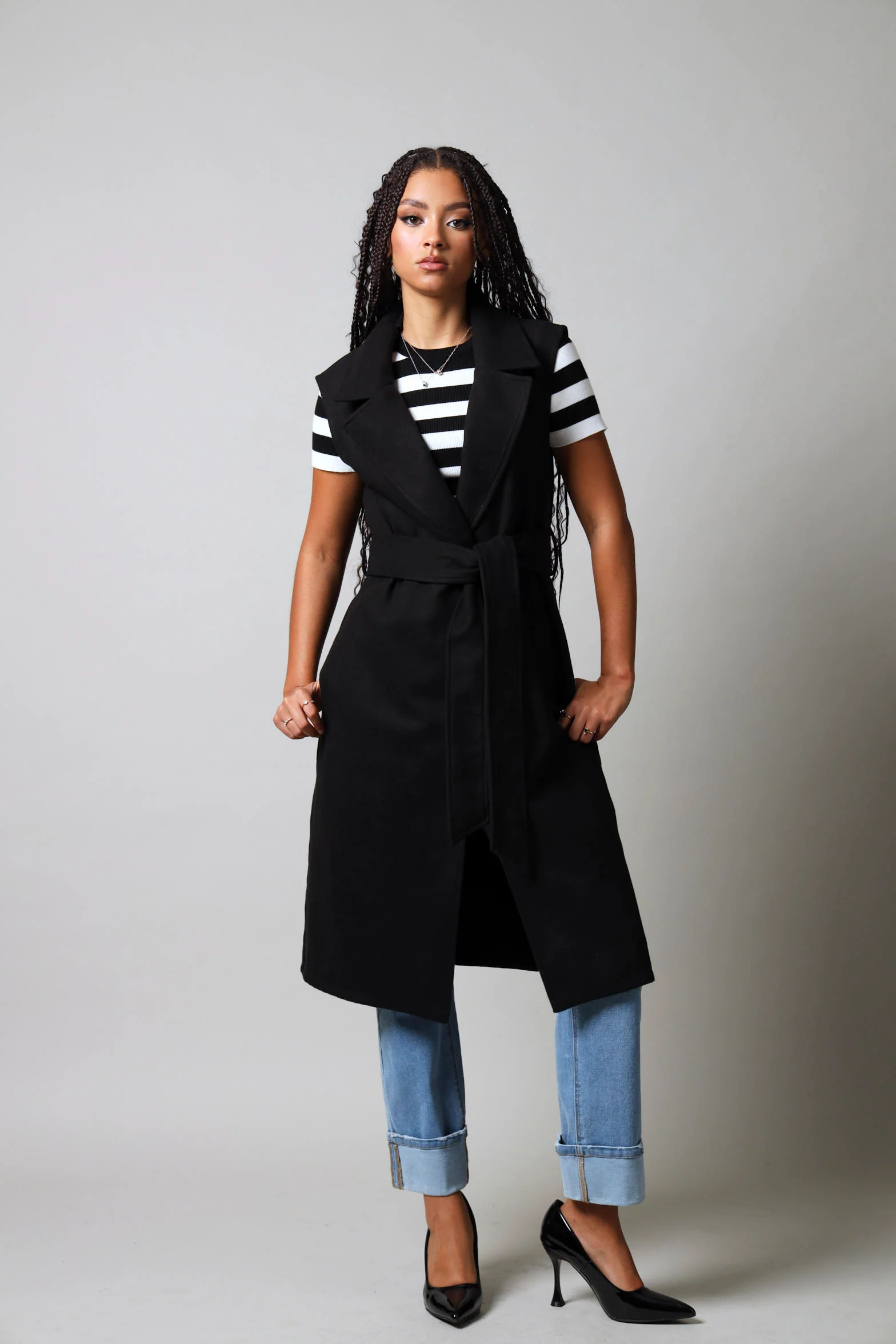 Long Length Sleeveless Melton Coat - Black - Image 6