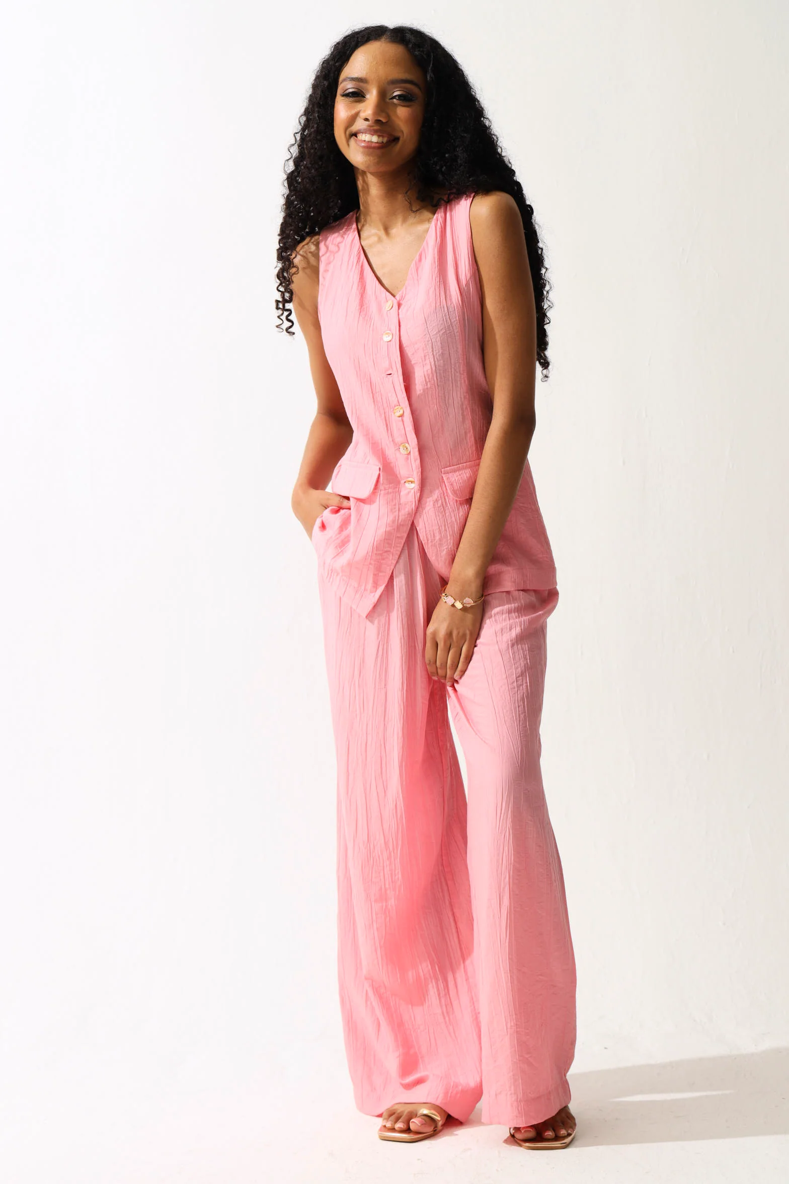 Long Length Textured Button Through Waistcoat - Pink - Image 3
