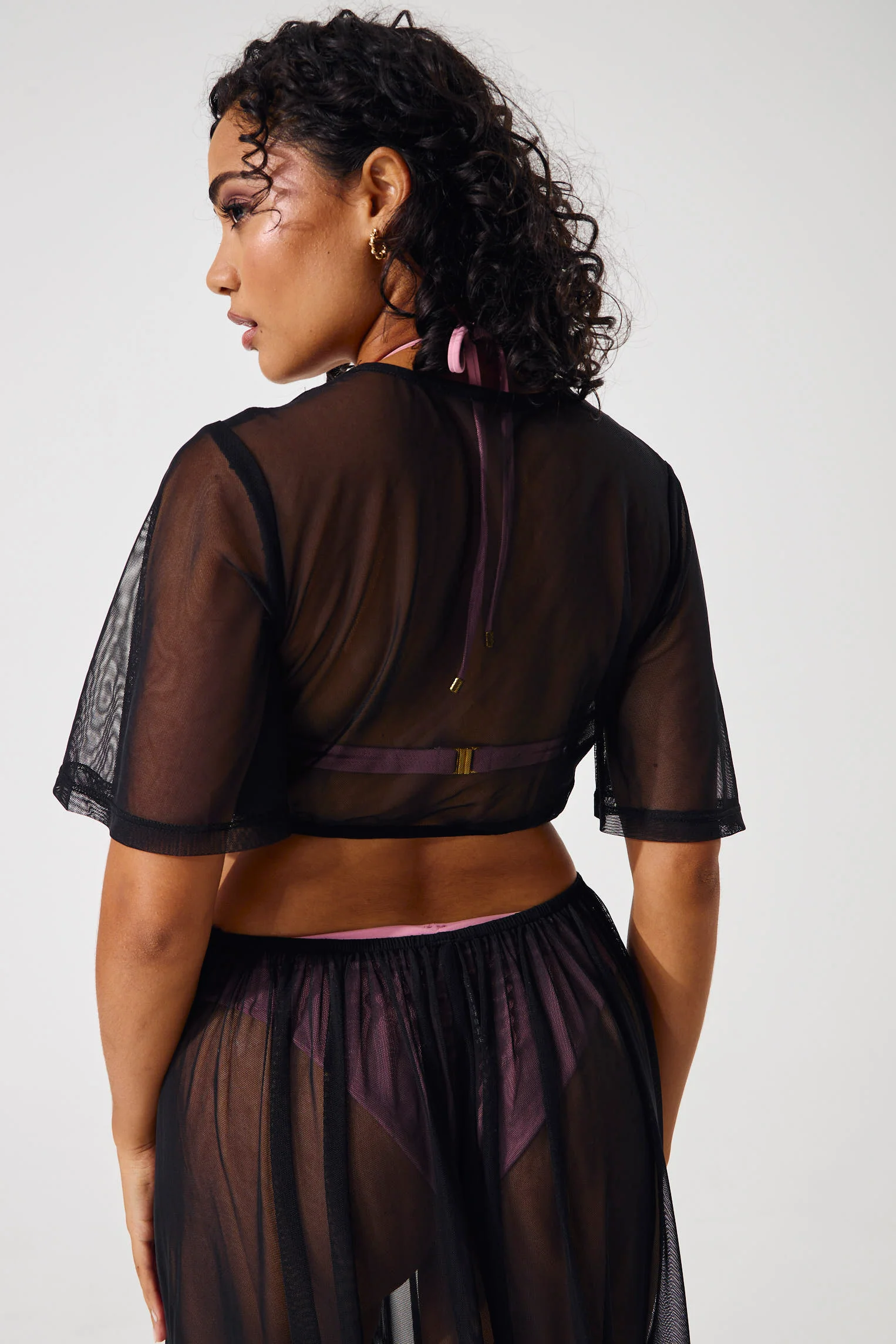 Long Length Twist Mesh Coverup Kaftan - Black - Image 5