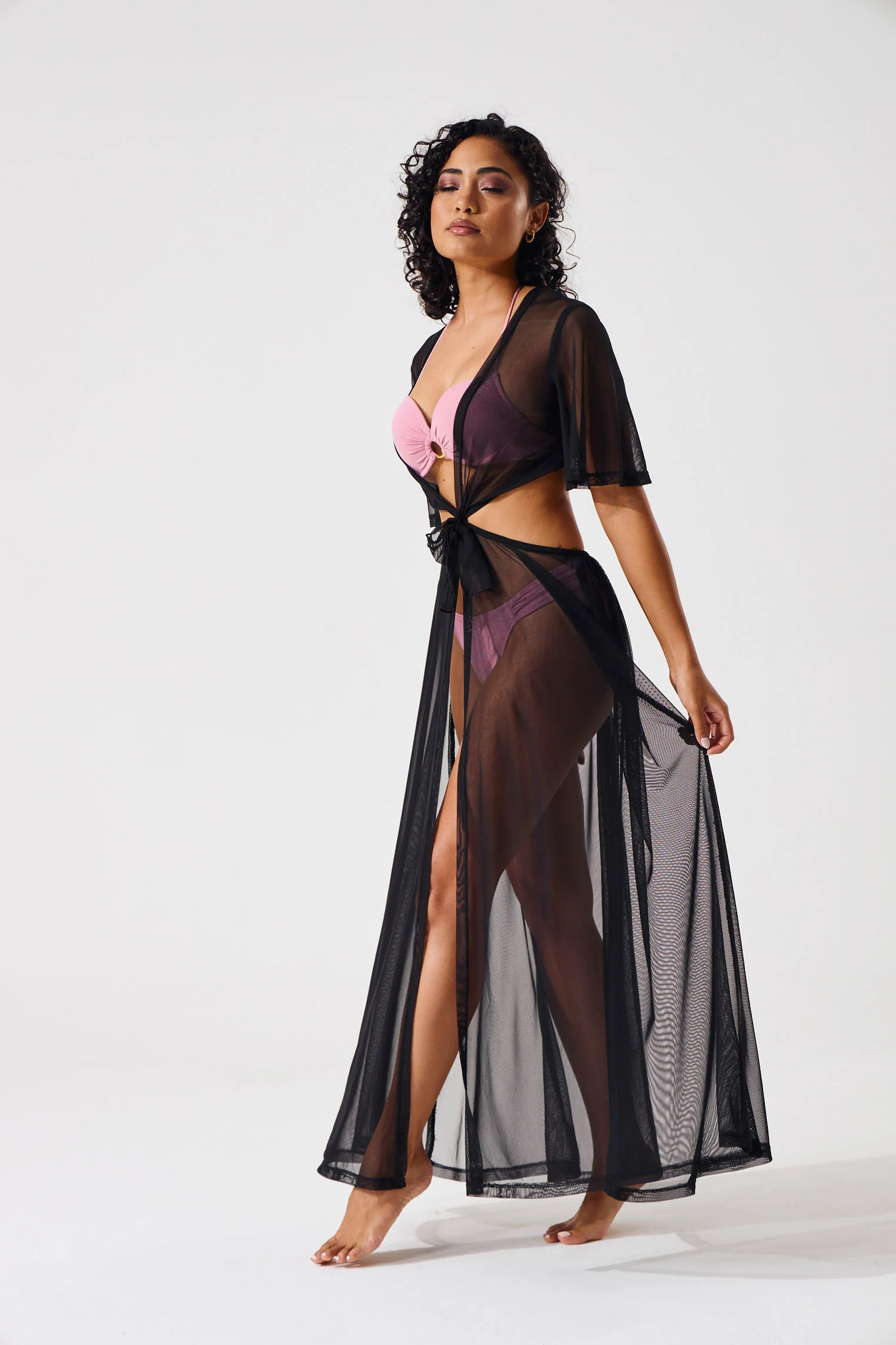 Long Length Twist Mesh Coverup Kaftan - Black - Image 7