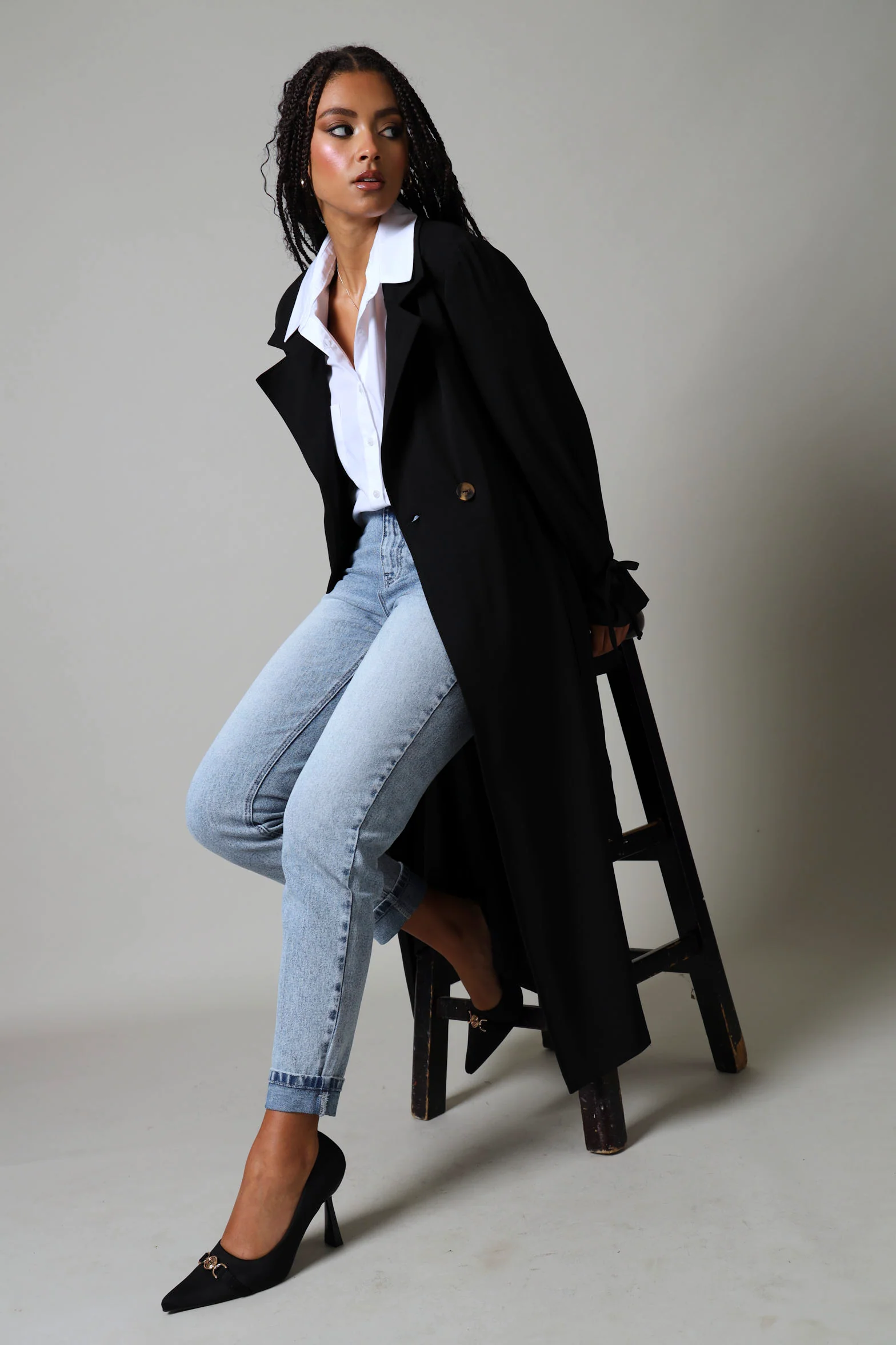 Long Length Unlined Belted Trench Coat - Black - Image 2