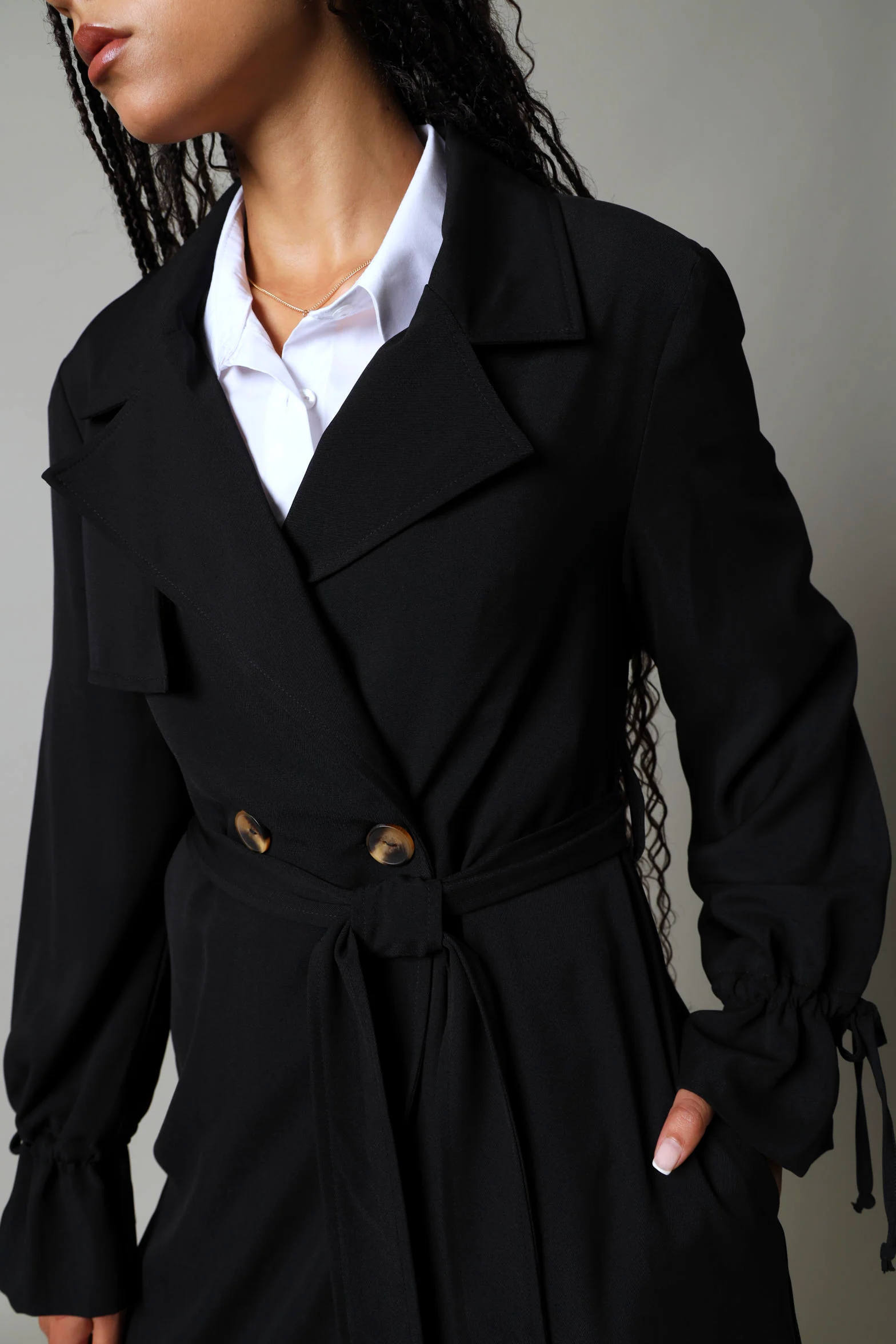 Long Length Unlined Belted Trench Coat - Black - Image 4