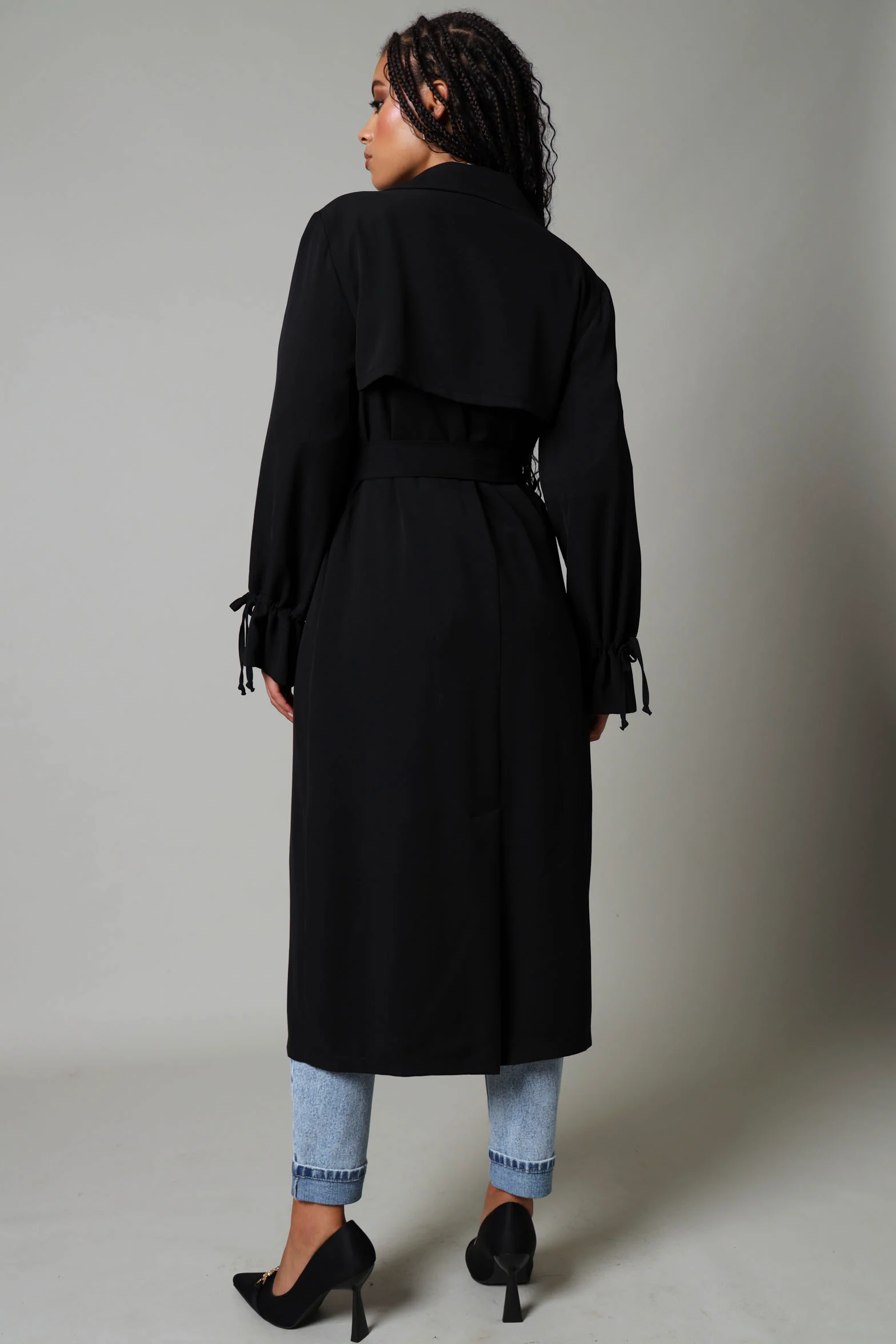 Long Length Unlined Belted Trench Coat - Black - Image 7
