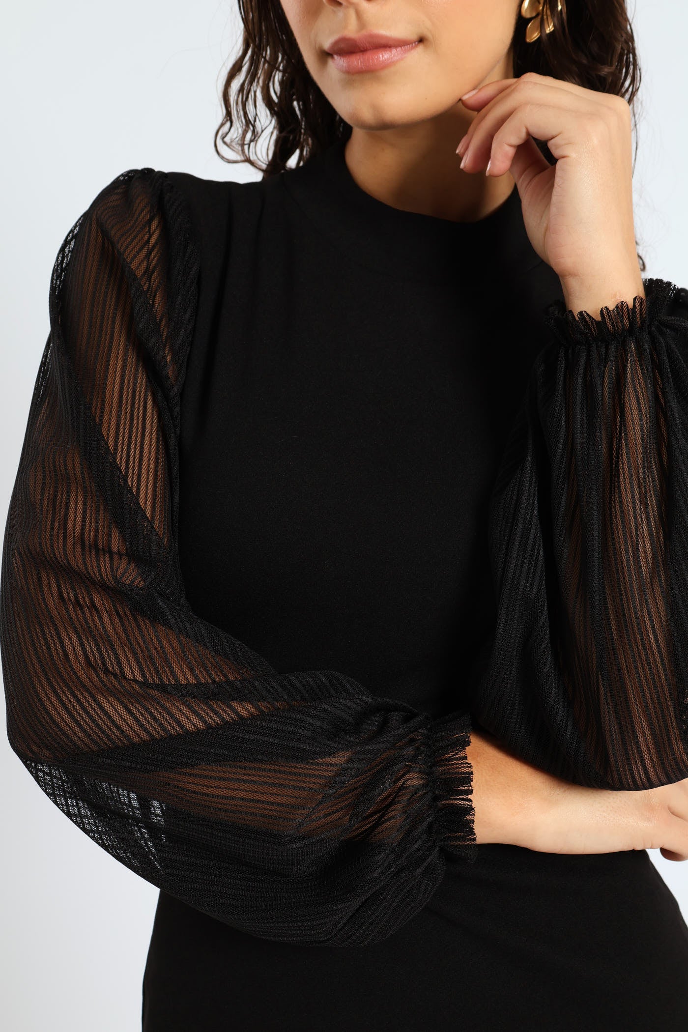 Long Mesh Sleeve Bodycon Midi Dress - Black - Image 6