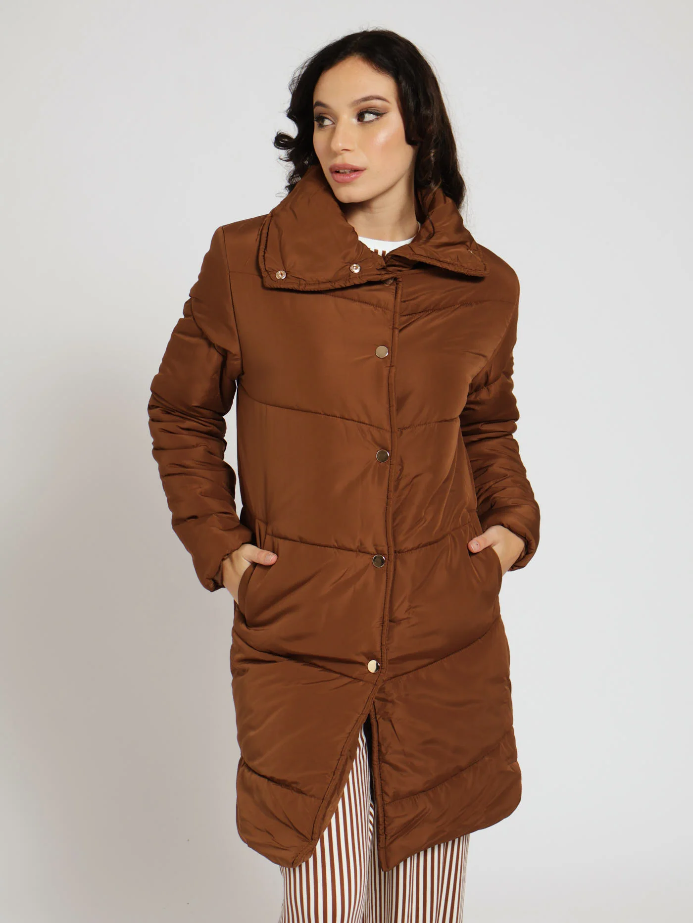 Long Quilted Puffer Jacket - Brown