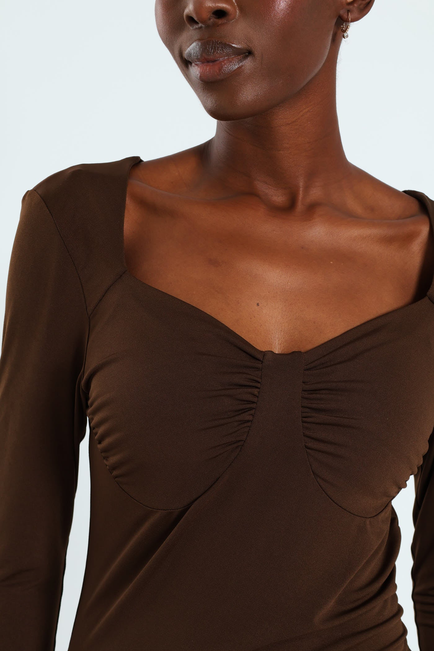 Long Seeve Rouched Cup Side Slit Bodycon Dress - Brown - Image 4