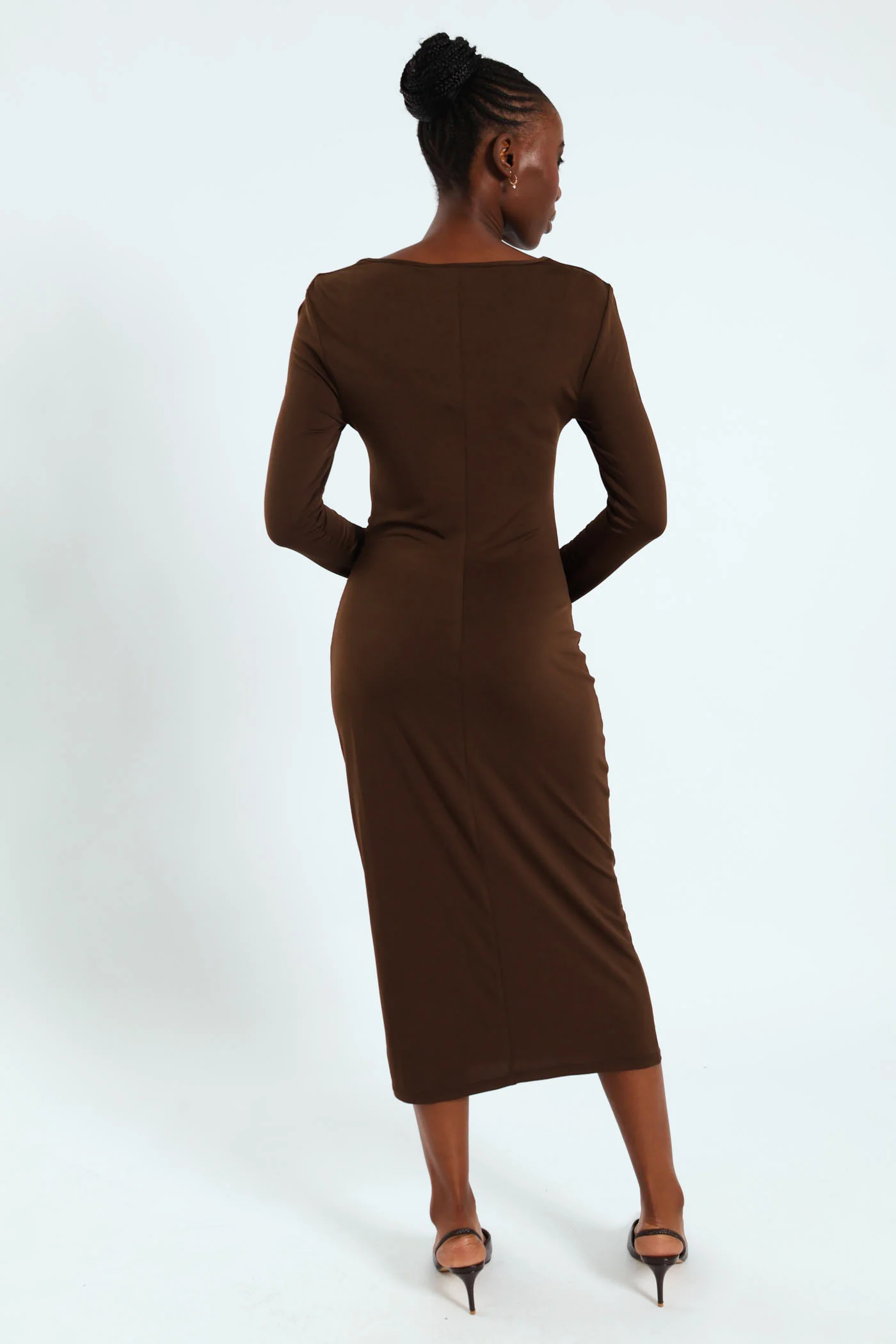 Long Seeve Rouched Cup Side Slit Bodycon Dress - Brown - Image 6