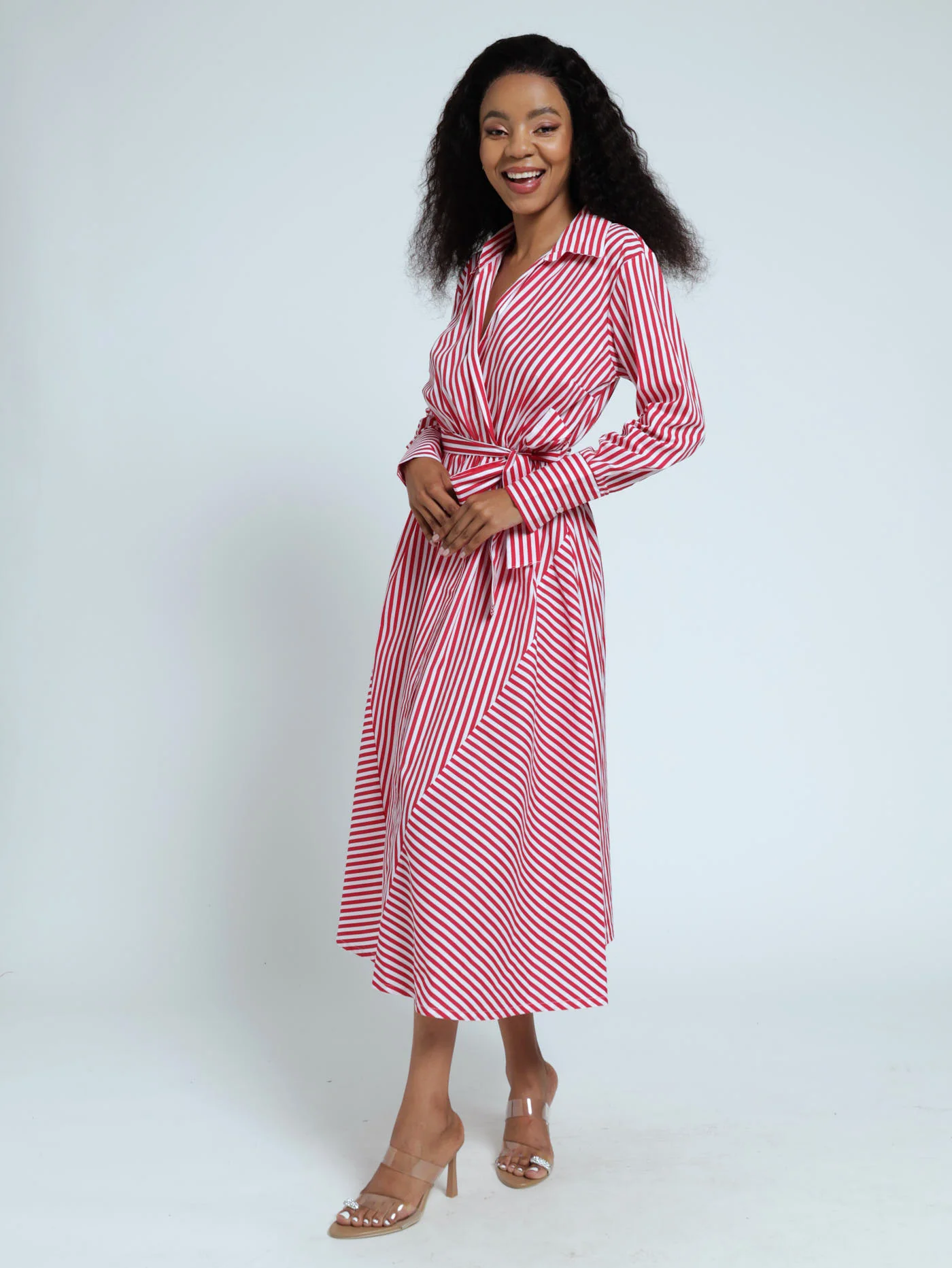 Long Sleeve Asymmetric Stripe Poplin Shirt Dress - White/Red
