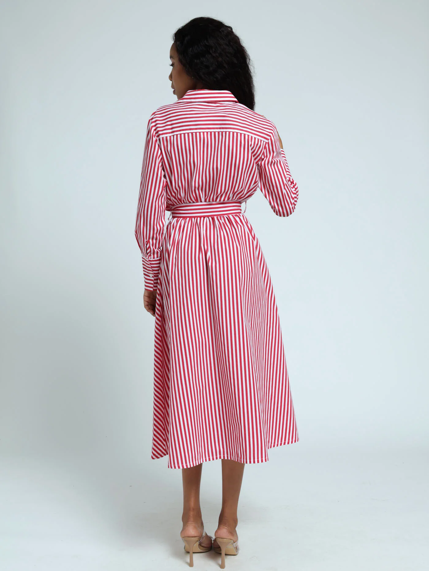 Long Sleeve Asymmetric Stripe Poplin Shirt Dress - White/Red - Image 3