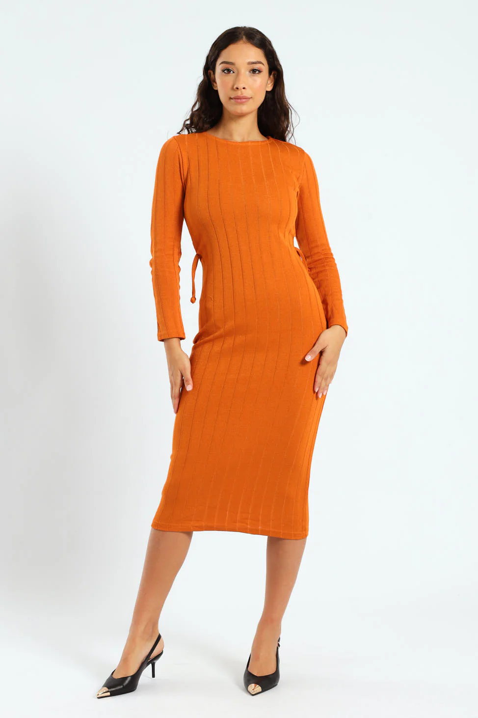 Long Sleeve Bandage Dress - Orange