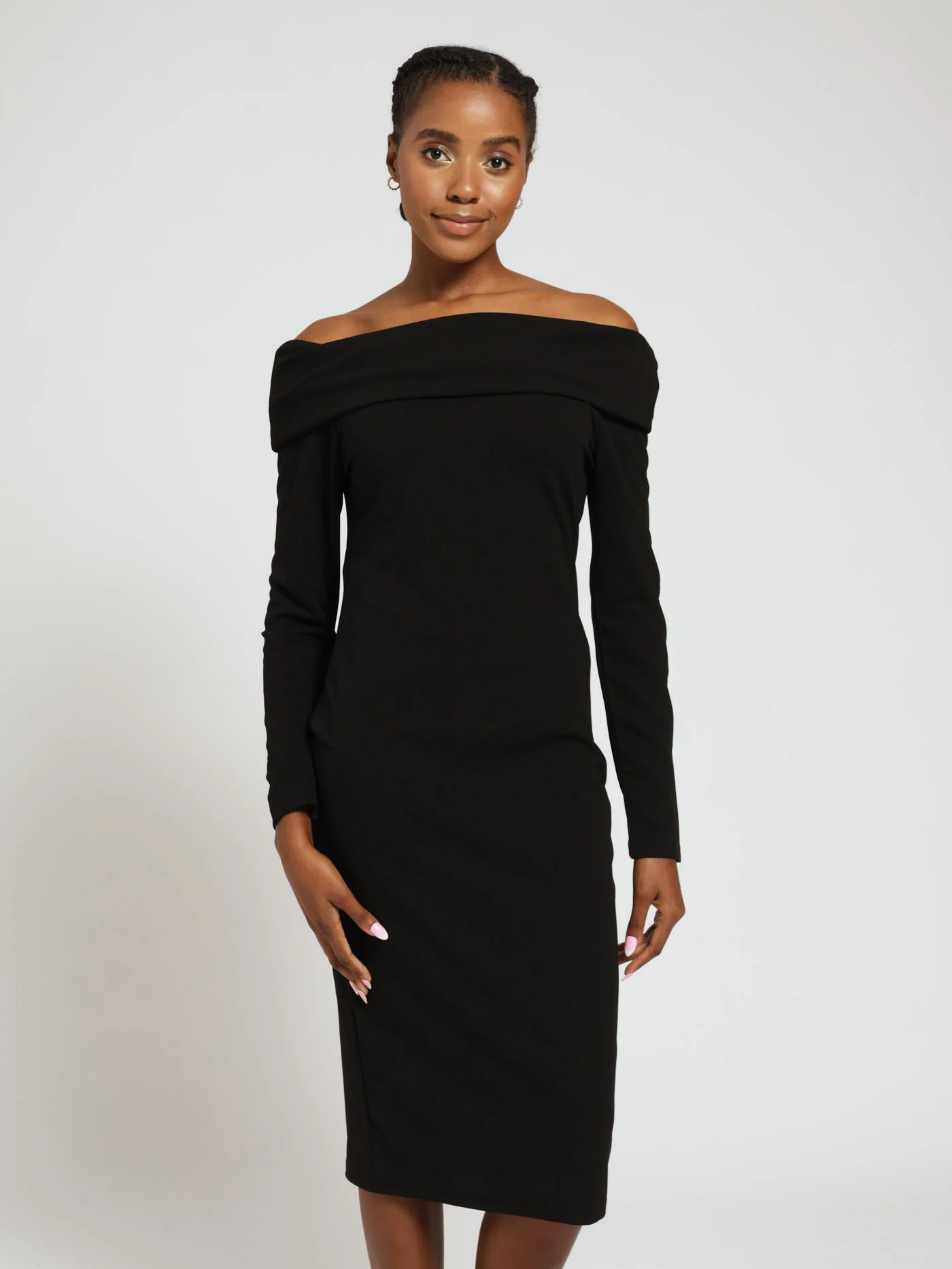 Long Sleeve Bardot Midi Dress - Black