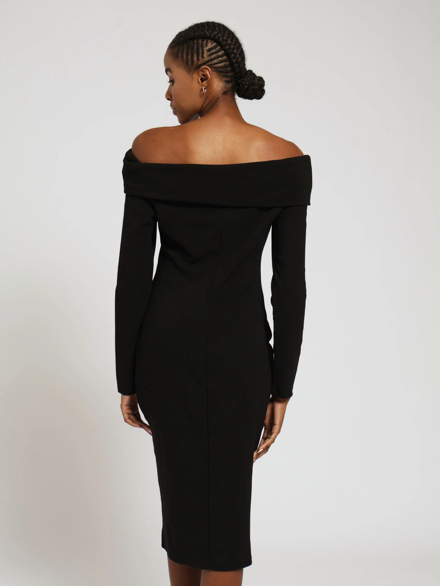 Long Sleeve Bardot Midi Dress - Black - Image 3