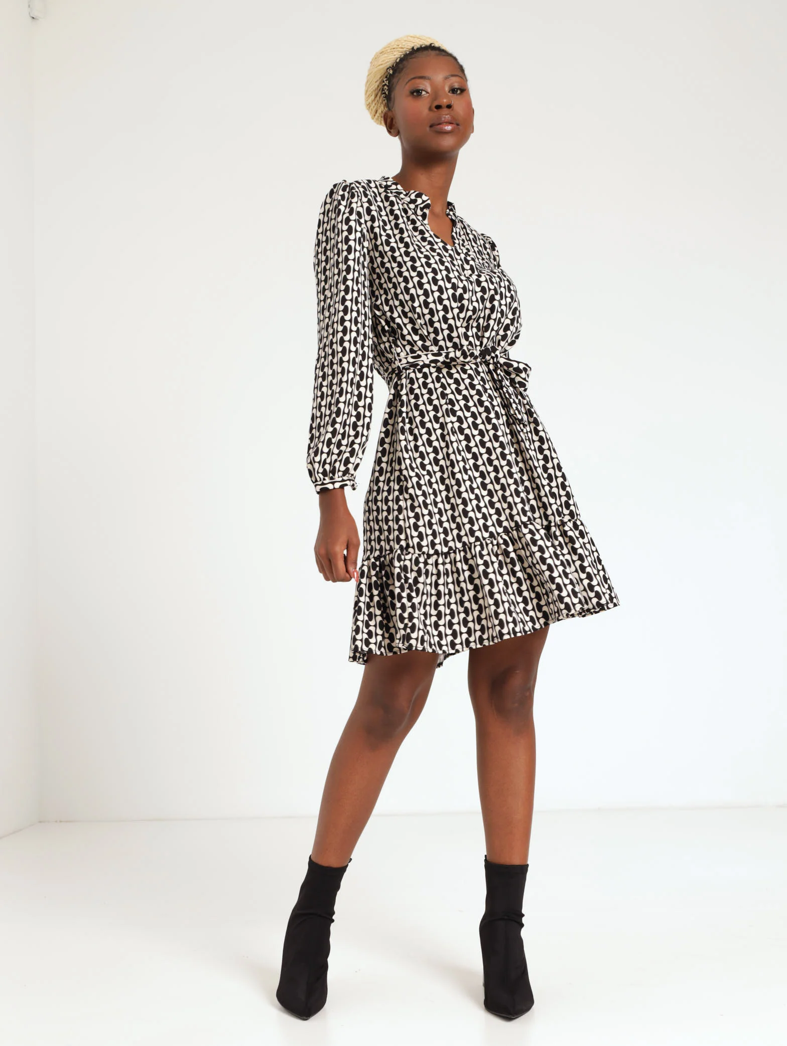 Long Sleeve Belted Frill Hem Dress - Cream