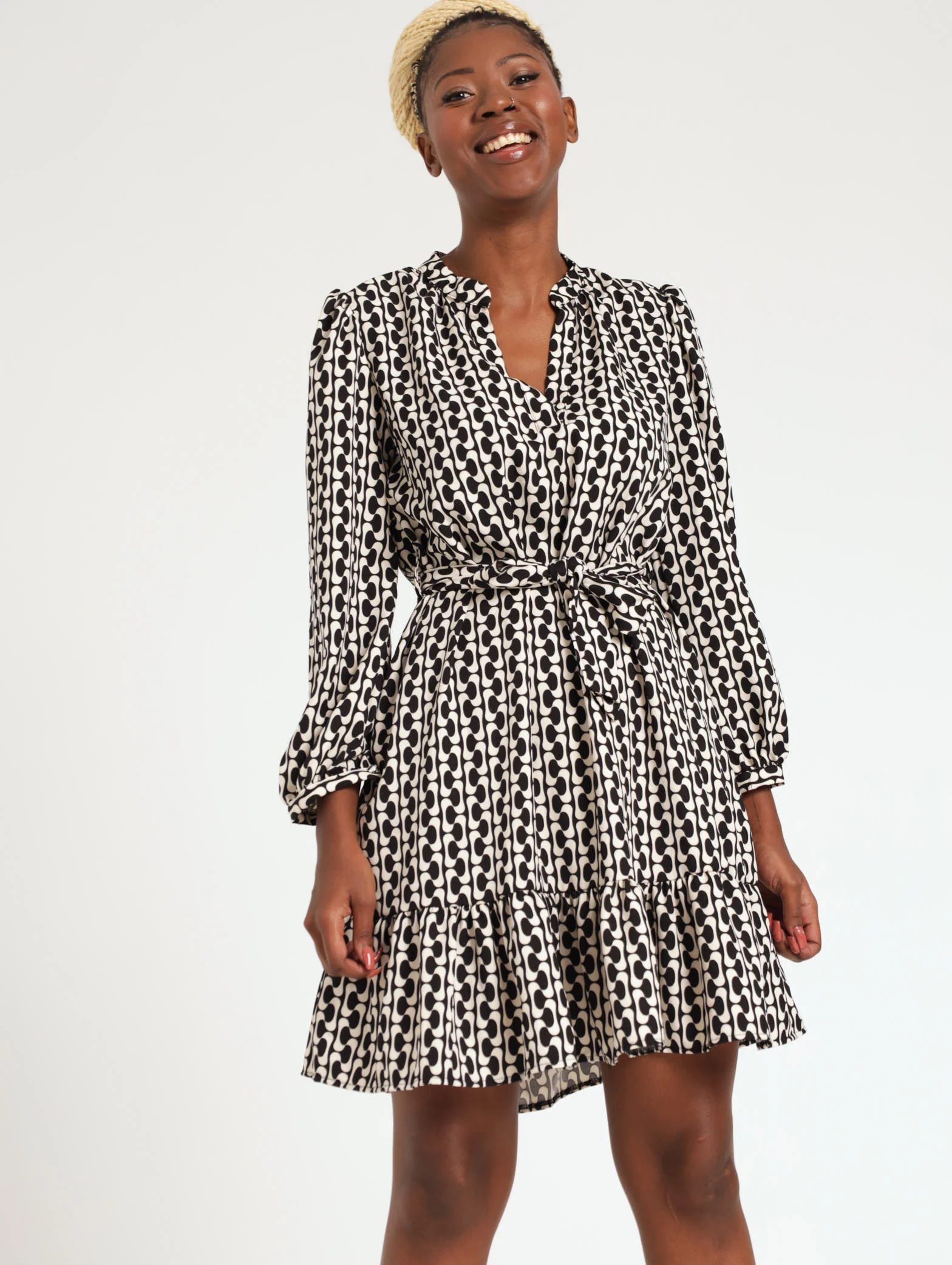 Long Sleeve Belted Frill Hem Dress - Cream - Image 2