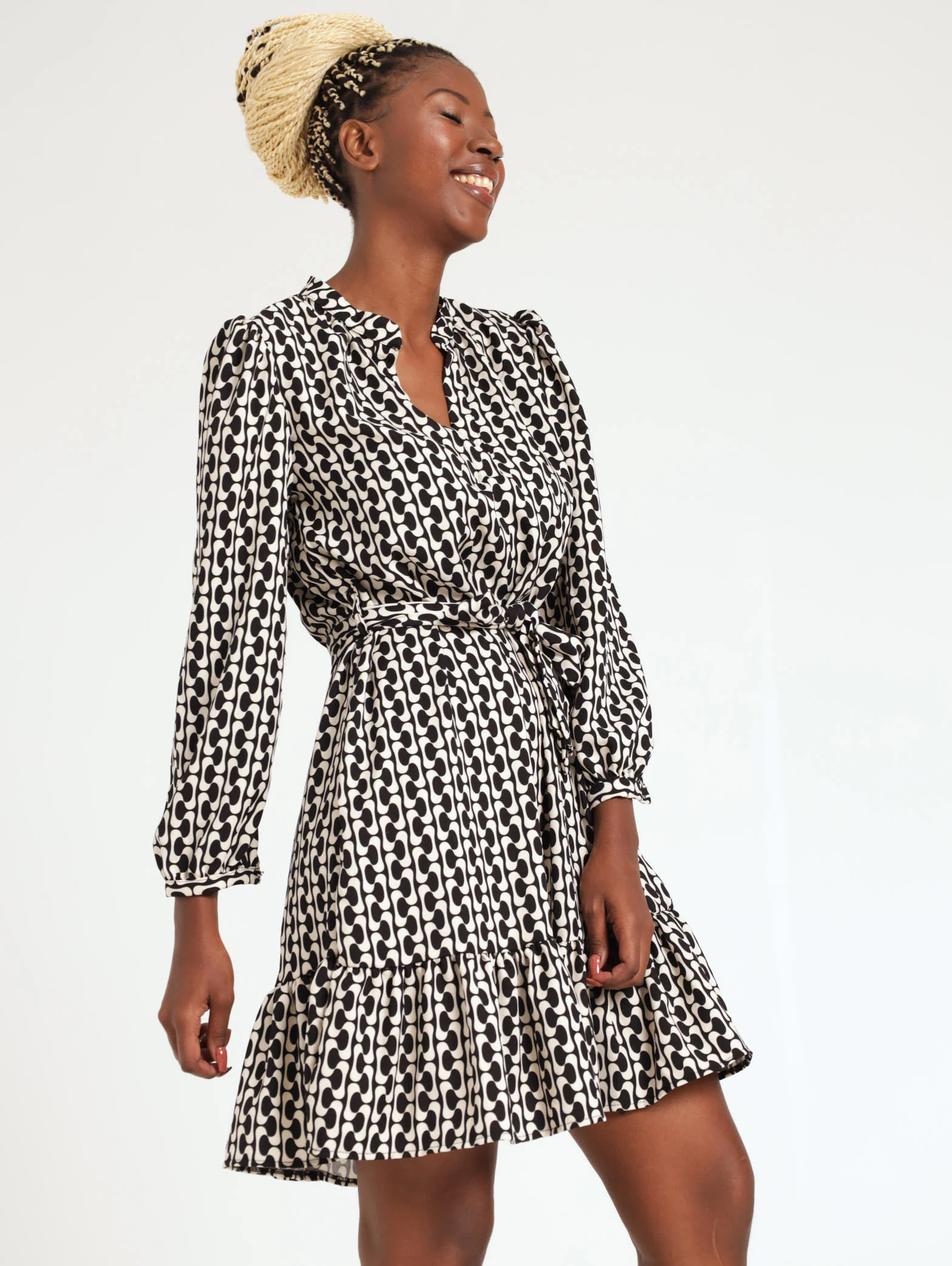 Long Sleeve Belted Frill Hem Dress - Cream - Image 3