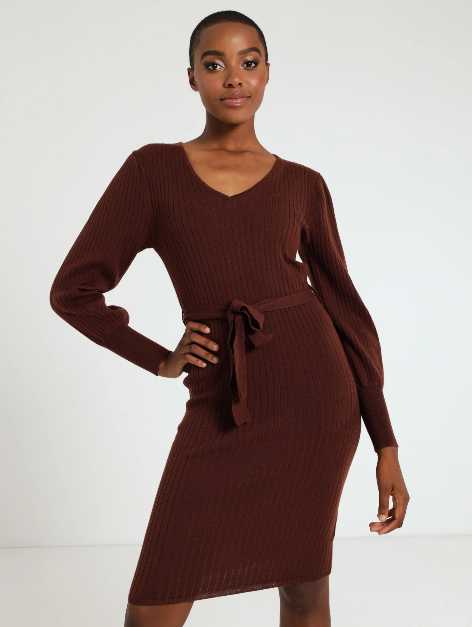 Long Sleeve Belted Lurex Knitwear Dress