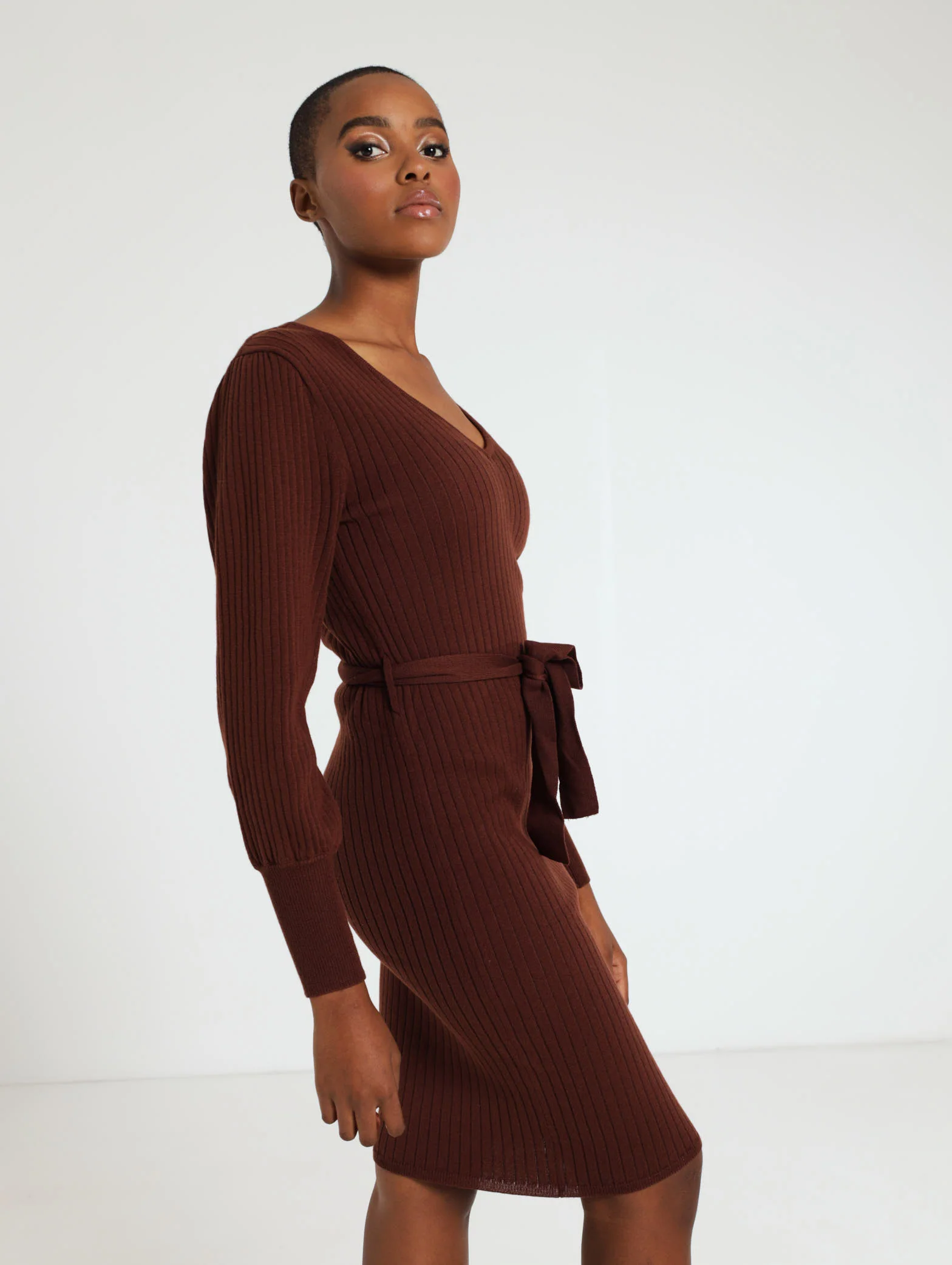 Long Sleeve Belted Lurex Knitwear Dress - Image 3