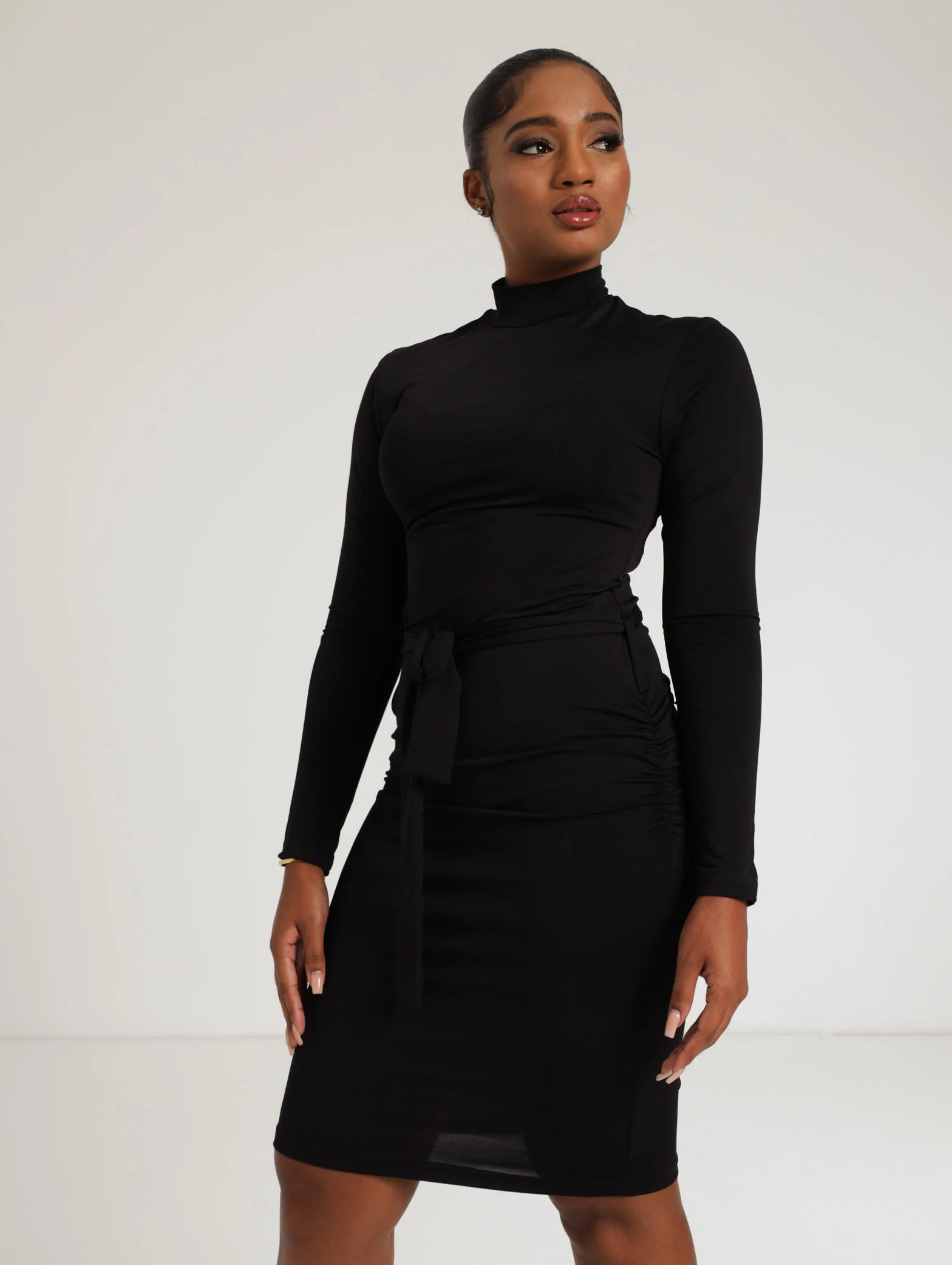 Long Sleeve Belted Slinky Dress With Side Ruching - Black